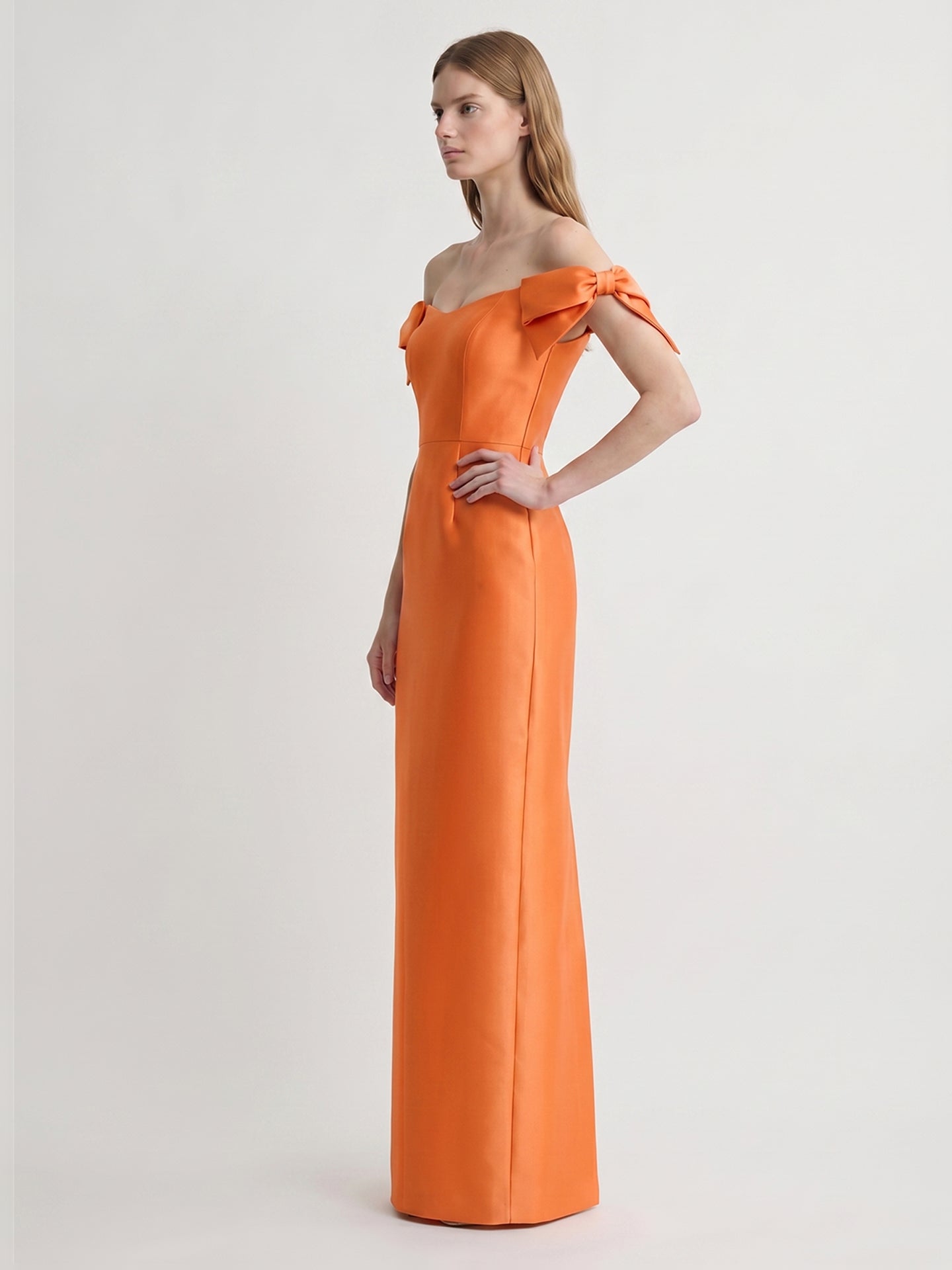 Orange Satin Sheath Straight Neck Back Zip Floor-Length Bridesmaid Dress with Bow