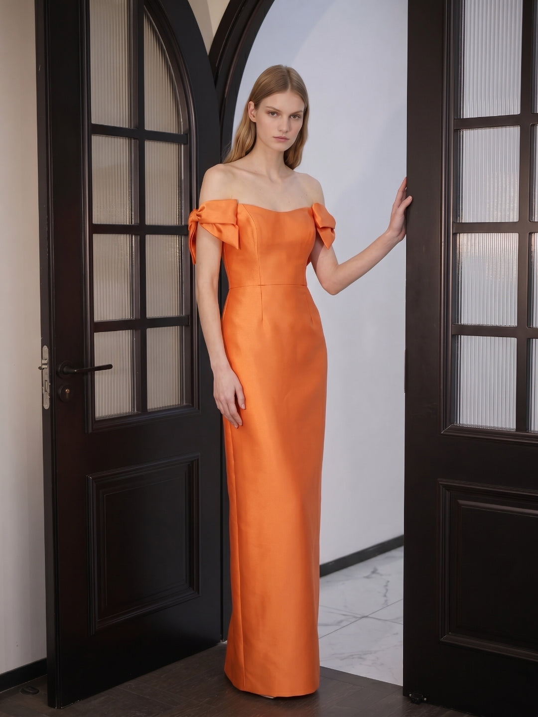 Orange Satin Sheath Straight Neck Back Zip Floor-Length Bridesmaid Dress with Bow