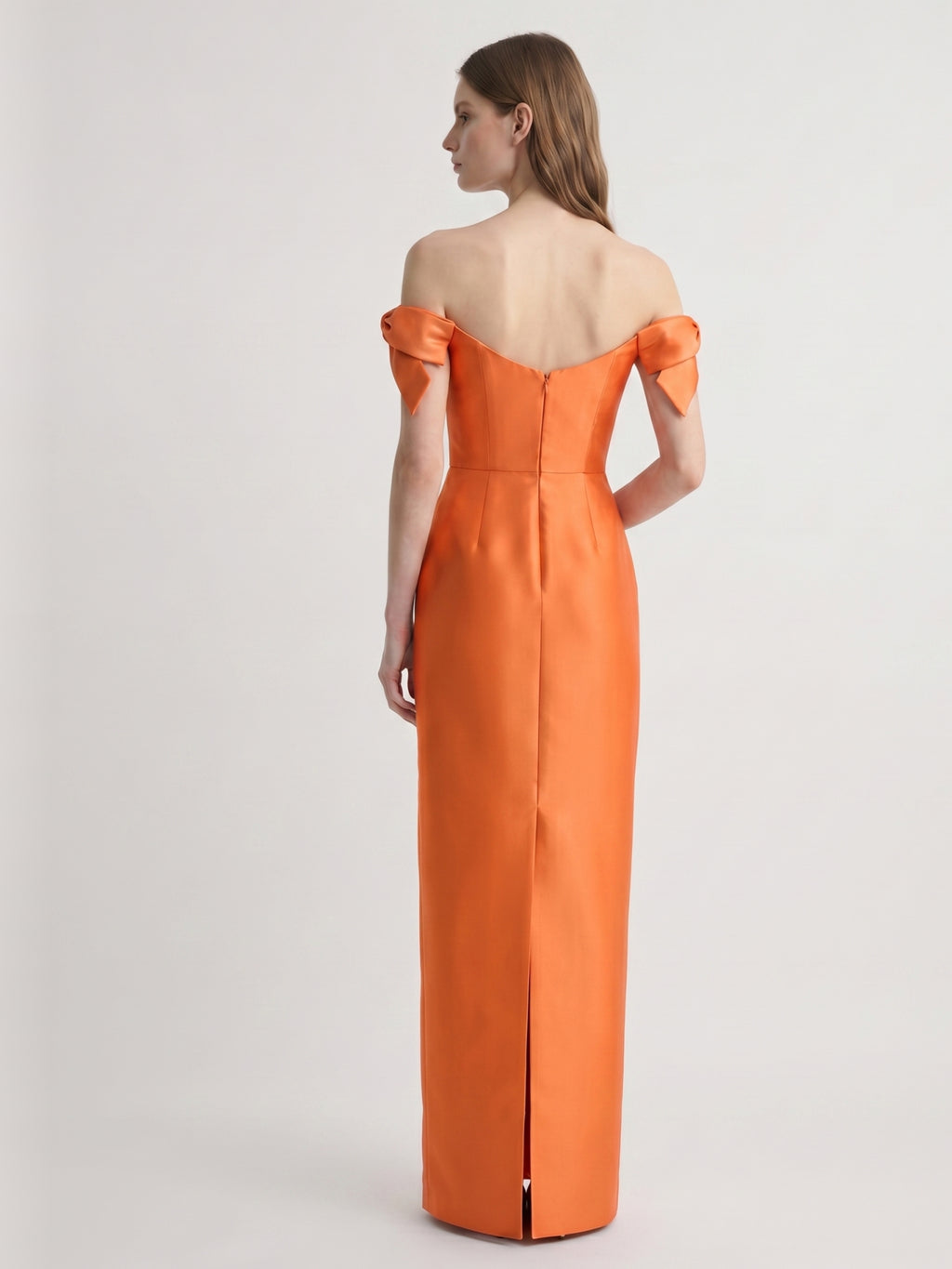 Orange Satin Sheath Straight Neck Back Zip Floor-Length Bridesmaid Dress with Bow