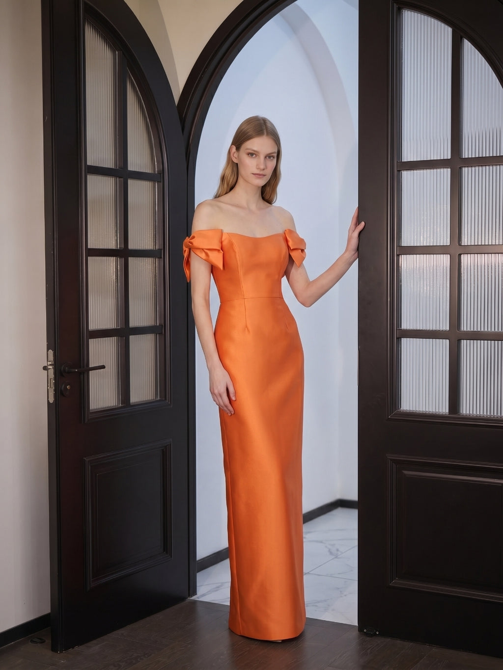 Orange Satin Sheath Straight Neck Back Zip Floor-Length Bridesmaid Dress with Bow