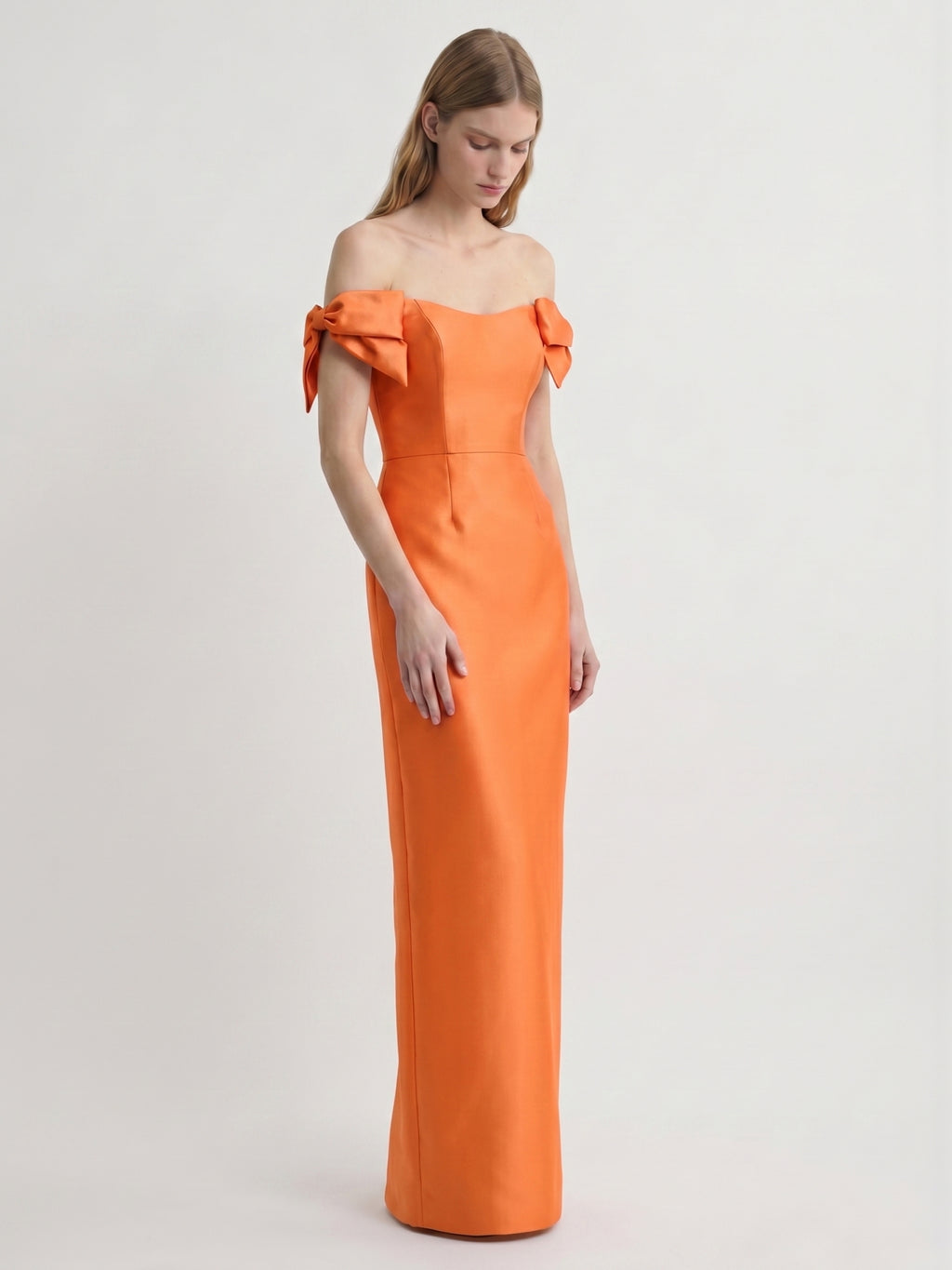 Orange Satin Sheath Straight Neck Back Zip Floor-Length Bridesmaid Dress with Bow