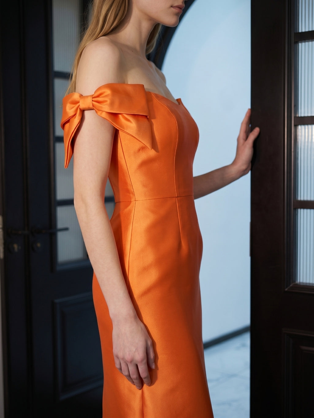 Orange Satin Sheath Straight Neck Back Zip Floor-Length Bridesmaid Dress with Bow