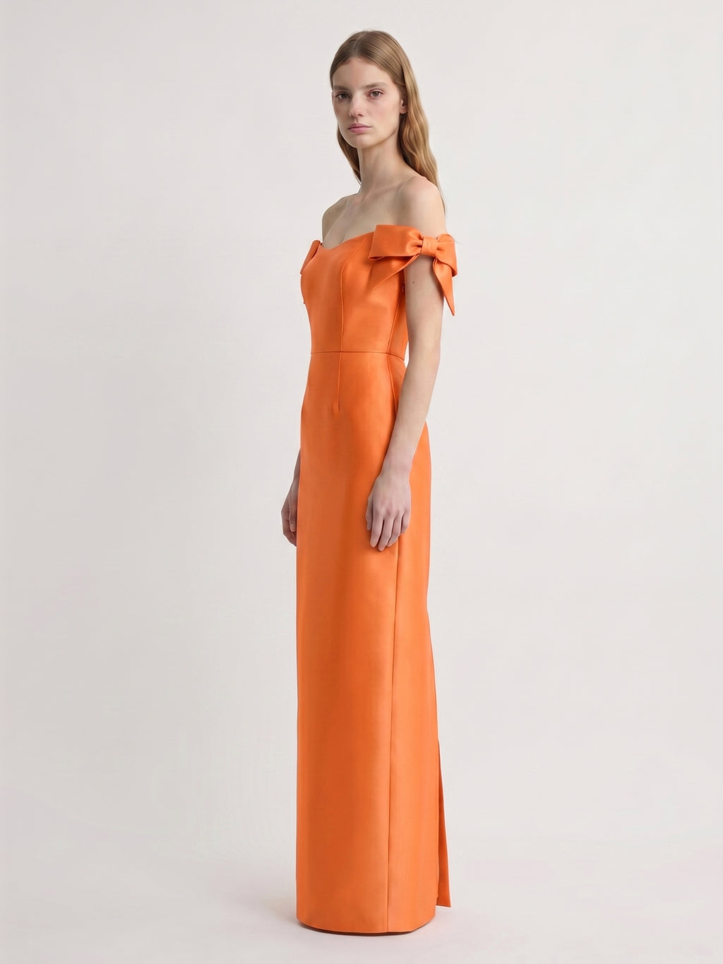 Orange Satin Sheath Straight Neck Back Zip Floor-Length Bridesmaid Dress with Bow