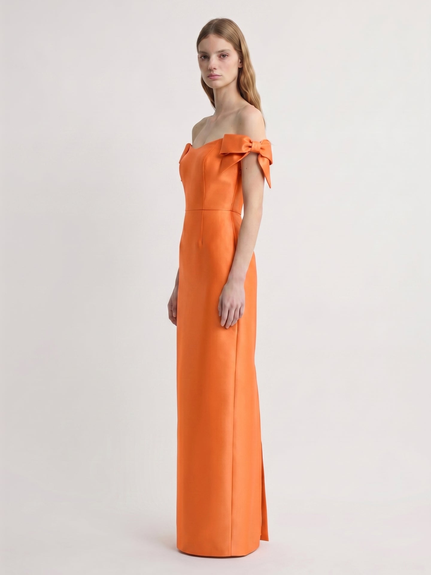 Orange Satin Sheath Straight Neck Back Zip Floor-Length Bridesmaid Dress with Bow
