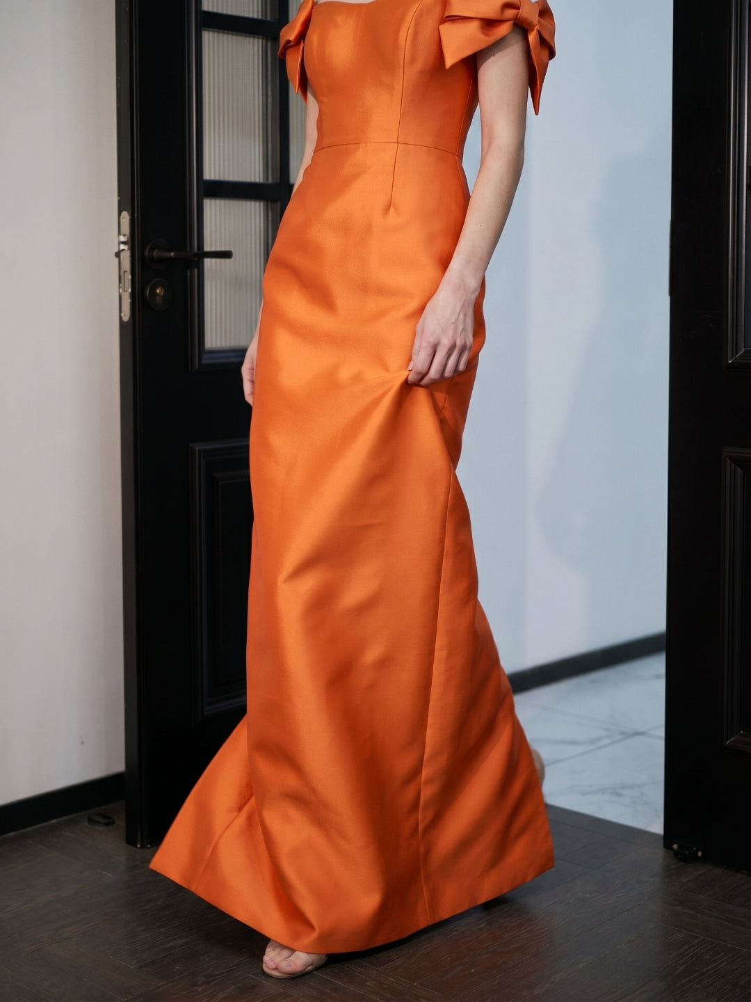 Orange Satin Sheath Straight Neck Back Zip Floor-Length Bridesmaid Dress with Bow