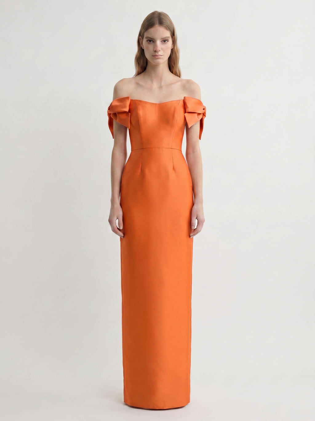 Orange Satin Sheath Straight Neck Back Zip Floor-Length Bridesmaid Dress with Bow