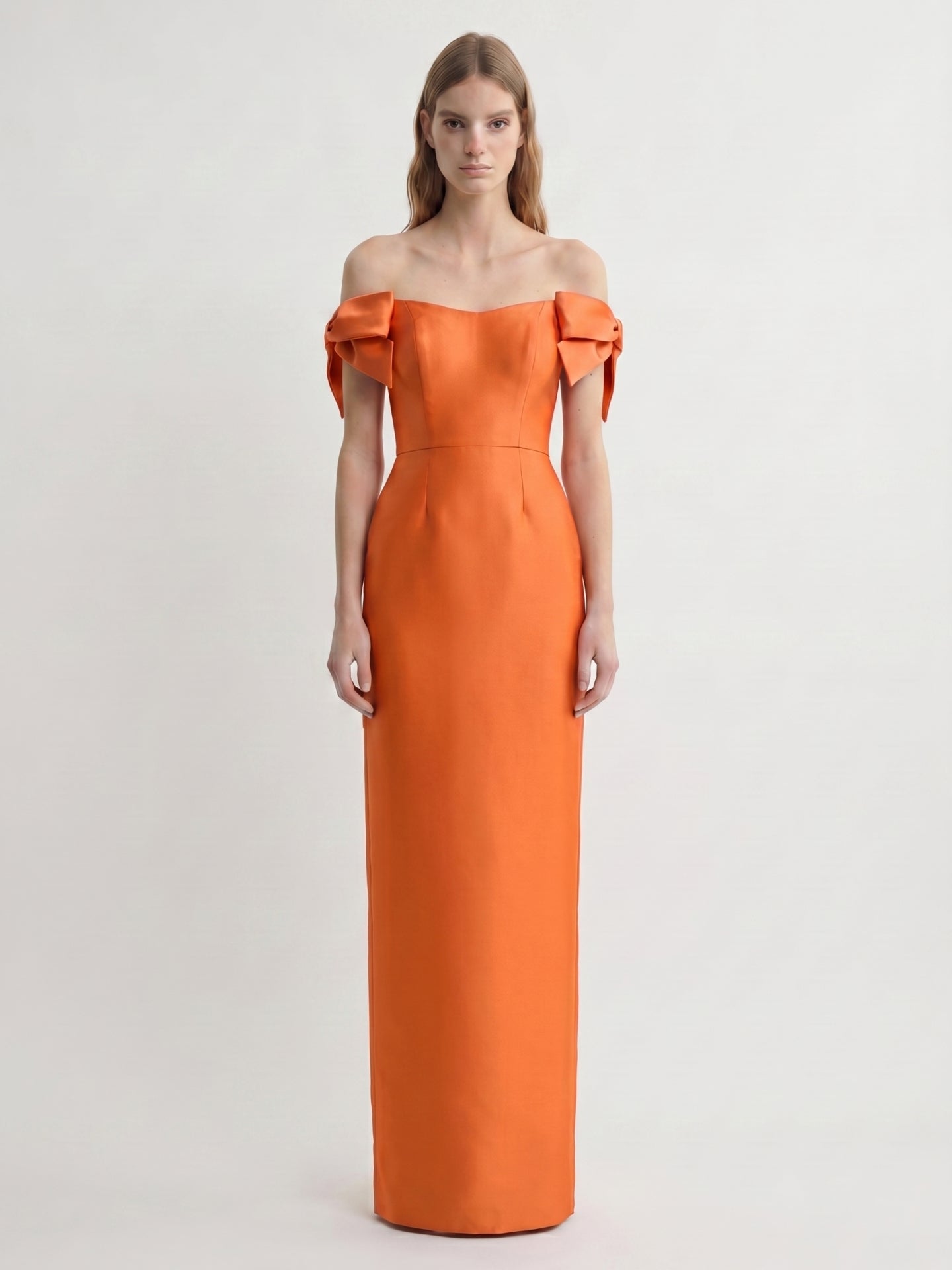 Orange Satin Sheath Straight Neck Back Zip Floor-Length Bridesmaid Dress with Bow