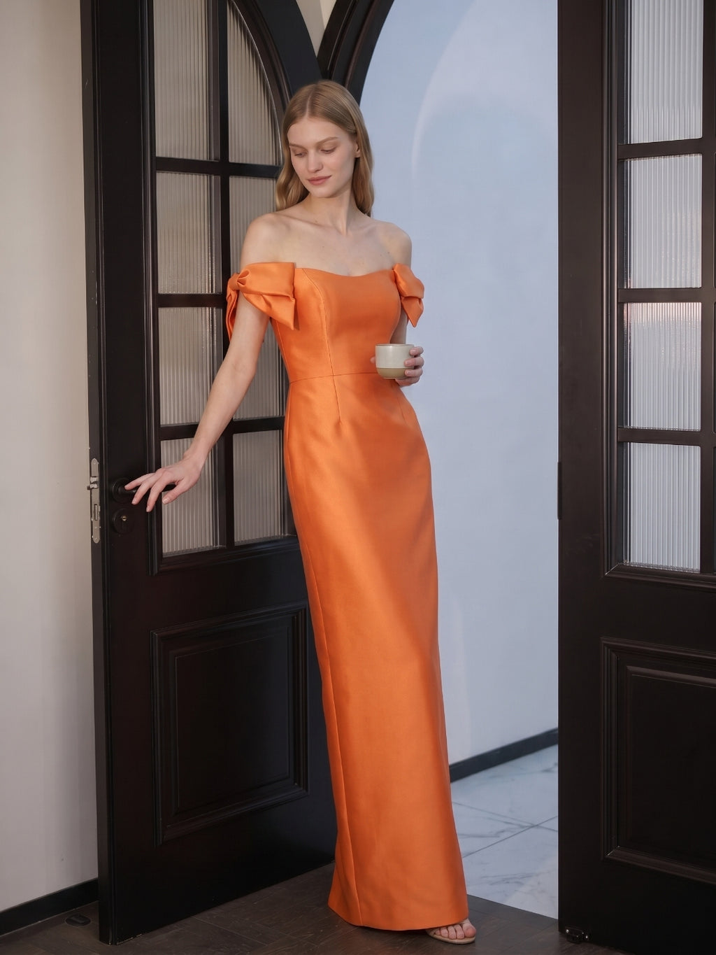 Orange Satin Sheath Straight Neck Back Zip Floor-Length Bridesmaid Dress with Bow