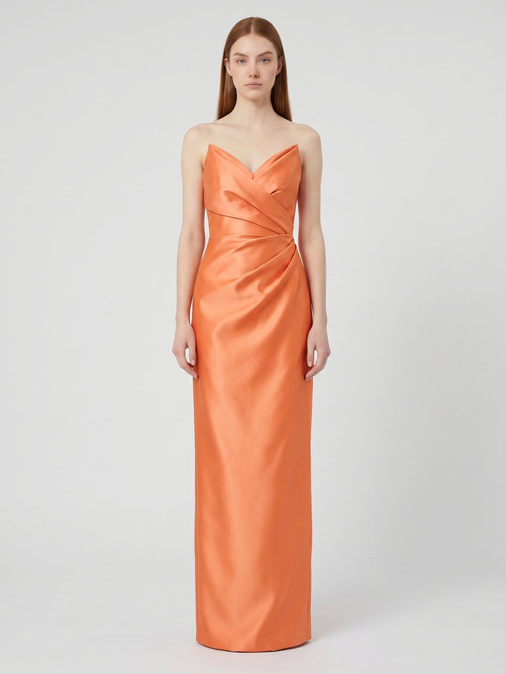 Orange Satin Sheath Straight Neck Back Zip Floor-Length Bridesmaid Dress with Pleats