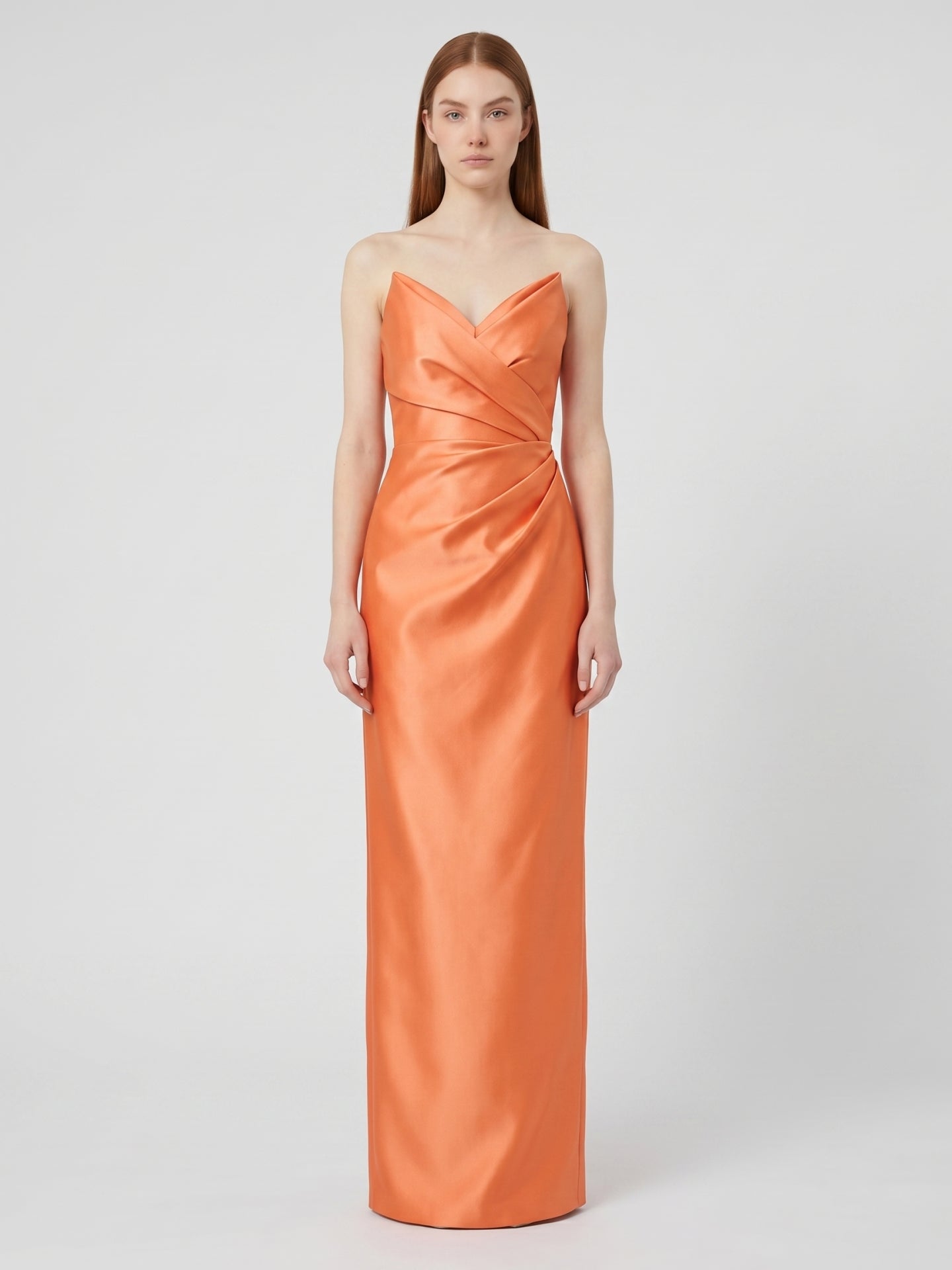 Orange Satin Sheath Straight Neck Back Zip Floor-Length Bridesmaid Dress with Pleats