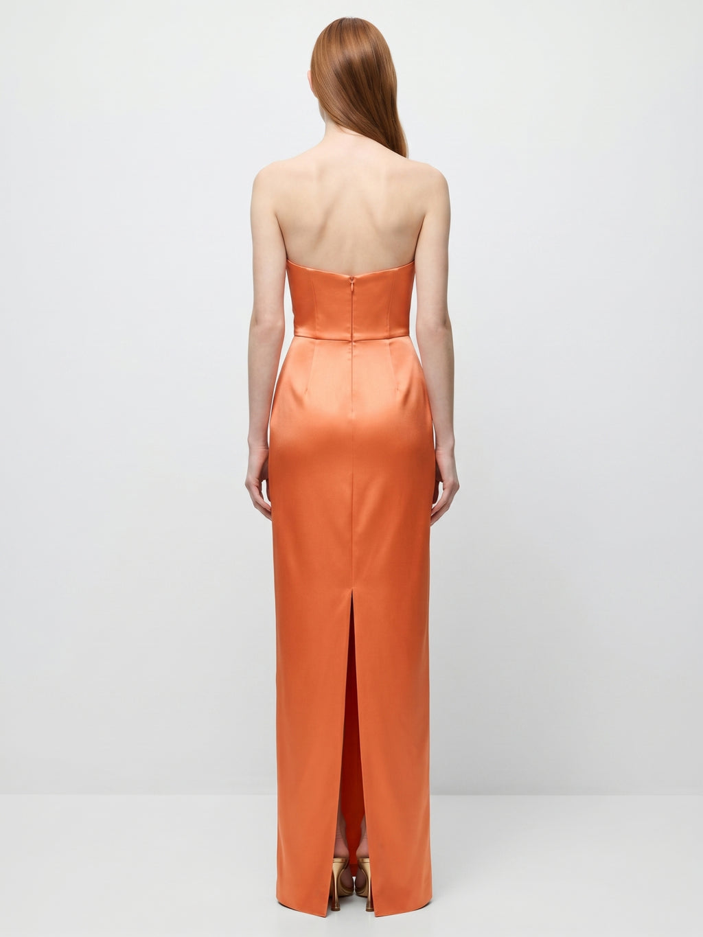 Orange Satin Sheath Straight Neck Back Zip Floor-Length Bridesmaid Dress with Pleats