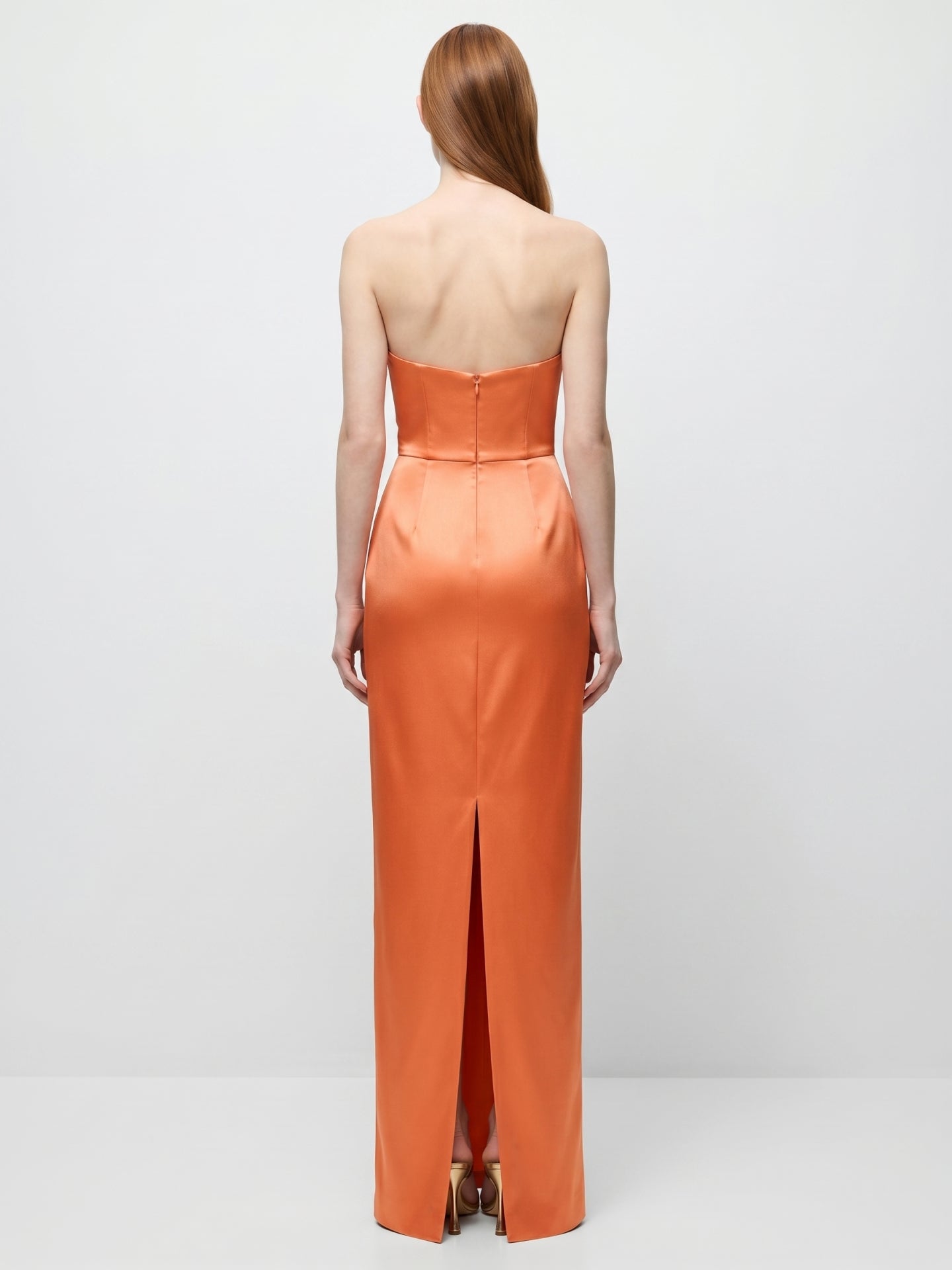 Orange Satin Sheath Straight Neck Back Zip Floor-Length Bridesmaid Dress with Pleats