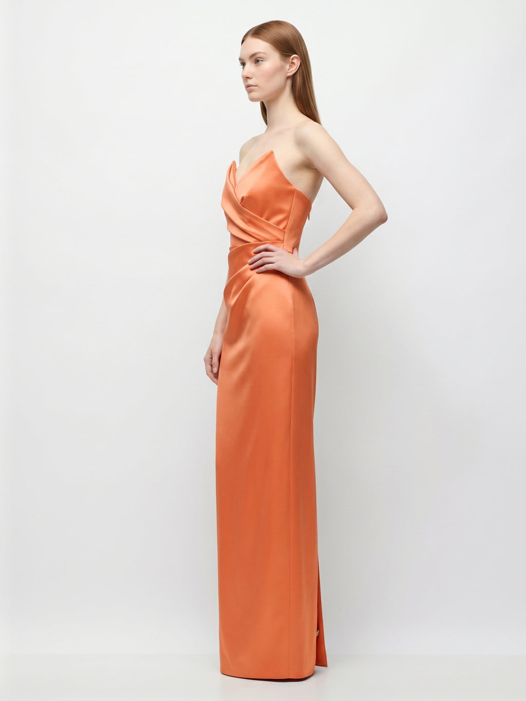 Orange Satin Sheath Straight Neck Back Zip Floor-Length Bridesmaid Dress with Pleats