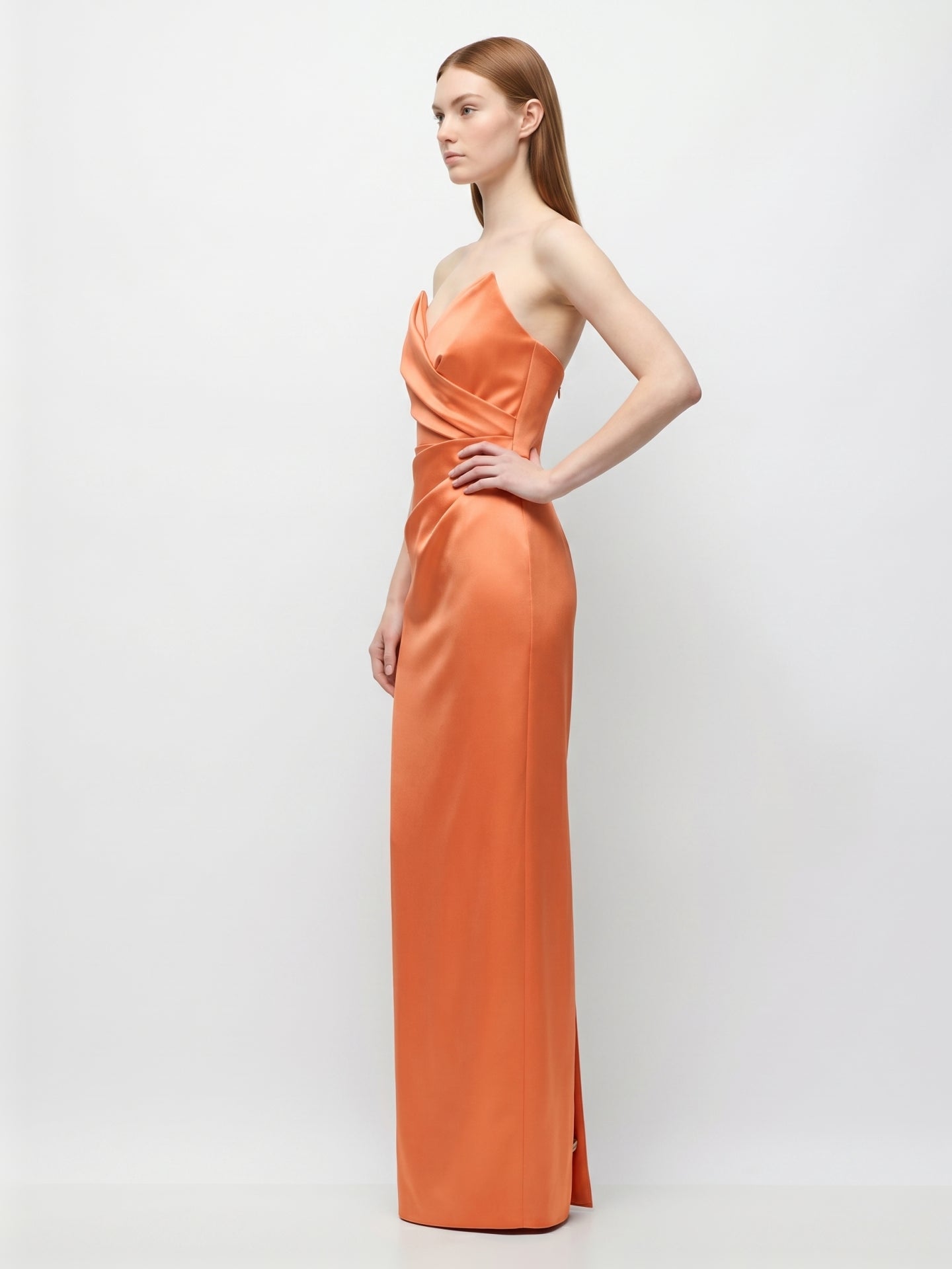 Orange Satin Sheath Straight Neck Back Zip Floor-Length Bridesmaid Dress with Pleats