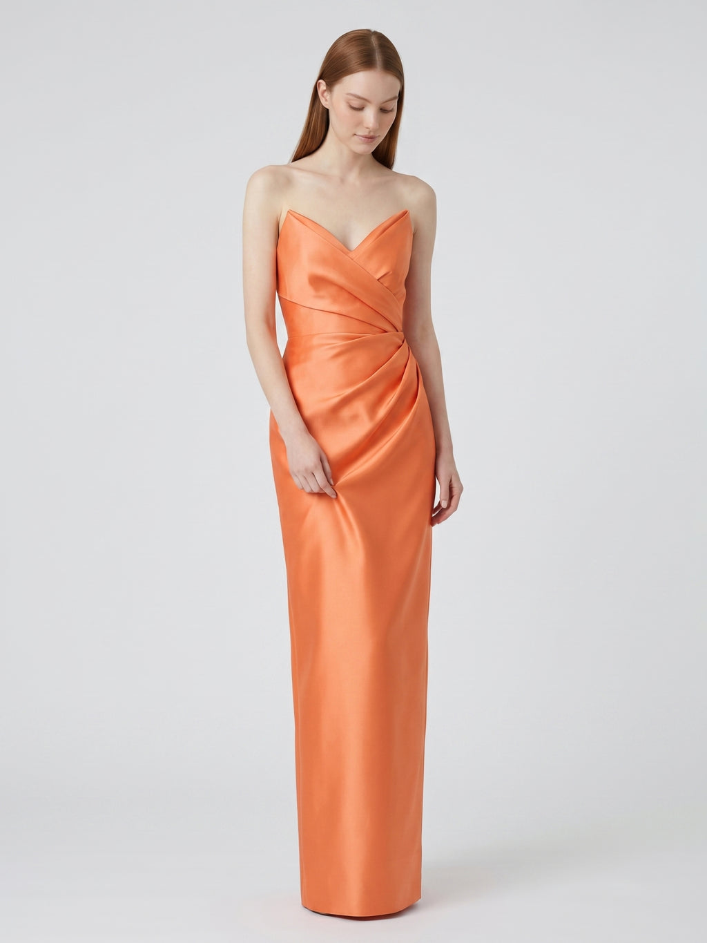 Orange Satin Sheath Straight Neck Back Zip Floor-Length Bridesmaid Dress with Pleats