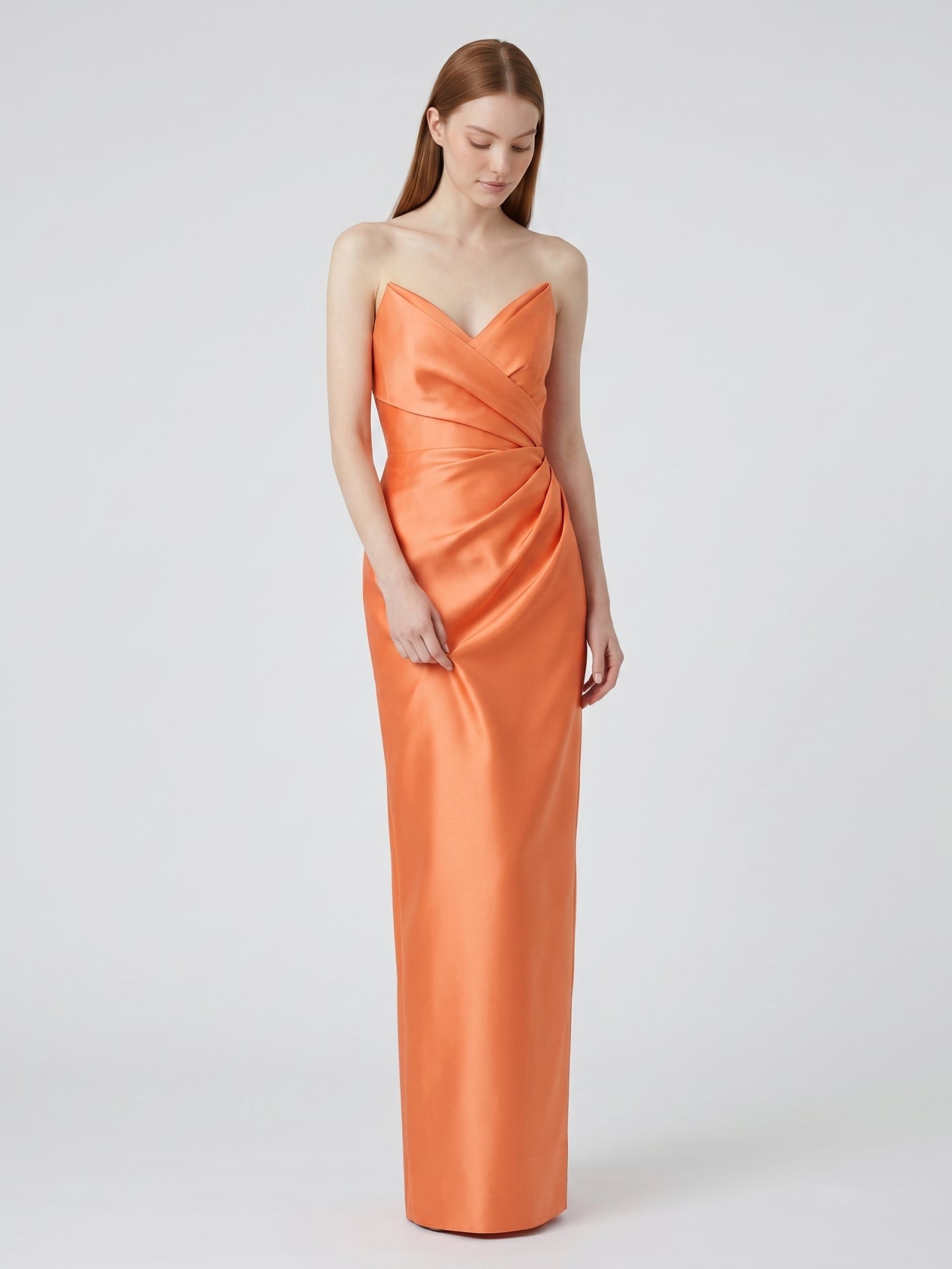 Orange Satin Sheath Straight Neck Back Zip Floor-Length Bridesmaid Dress with Pleats