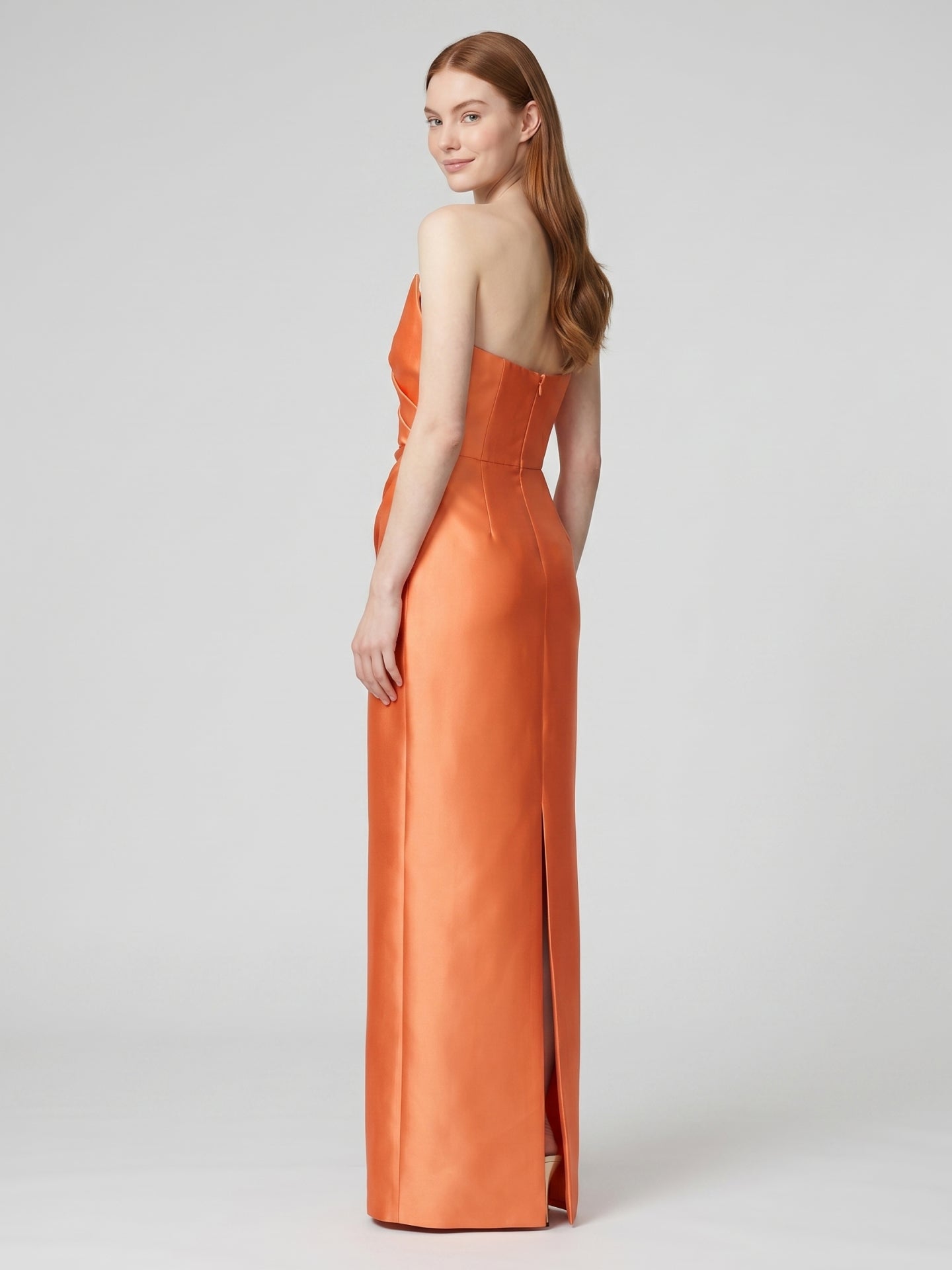 Orange Satin Sheath Straight Neck Back Zip Floor-Length Bridesmaid Dress with Pleats