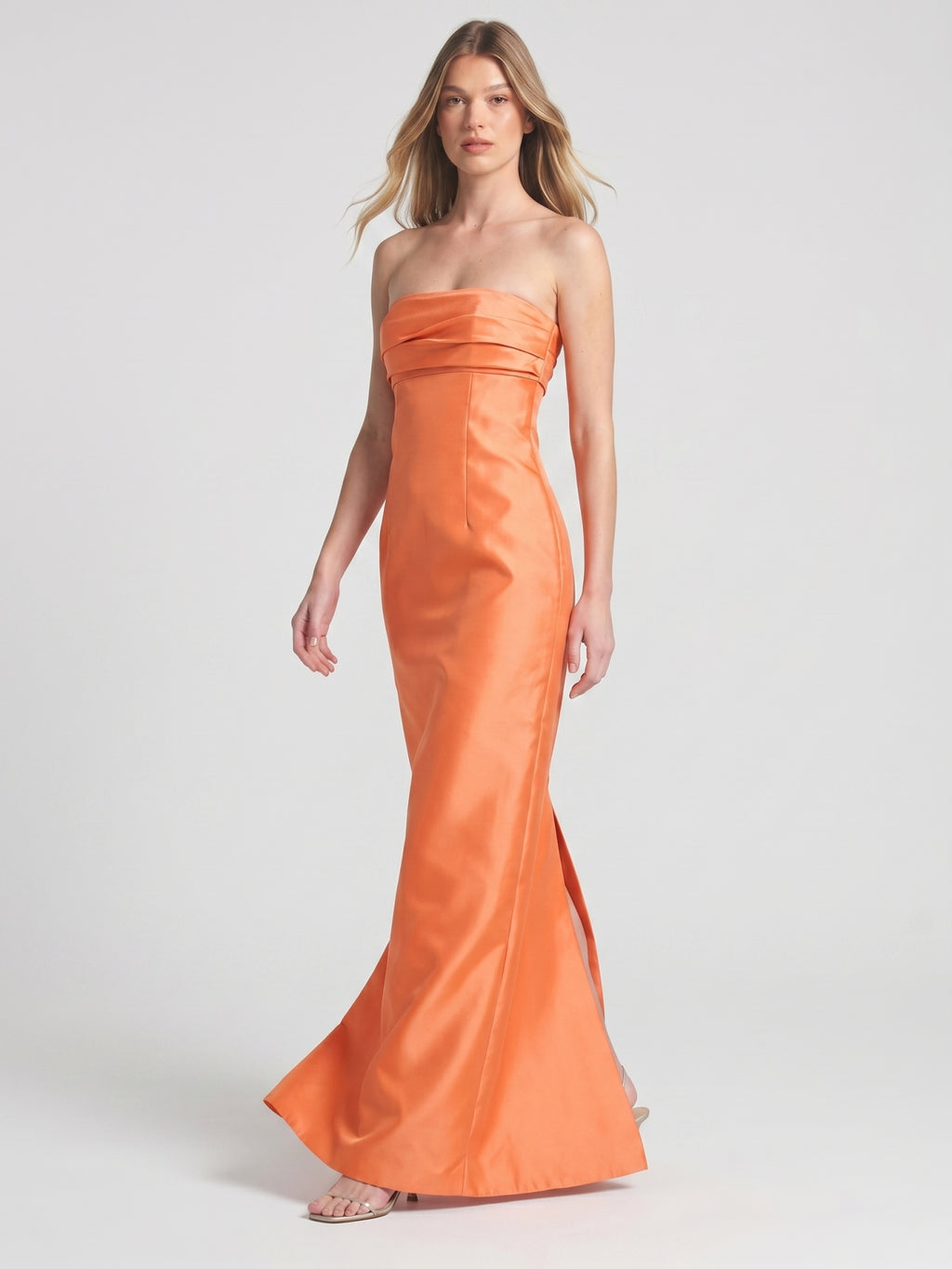 Orange Satin Sheath Straight Neck Backless Floor-Length Bridesmaid Dress with Pleats
