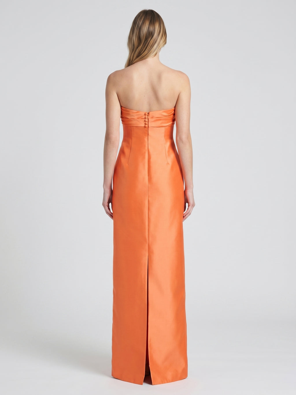Orange Satin Sheath Straight Neck Backless Floor-Length Bridesmaid Dress with Pleats