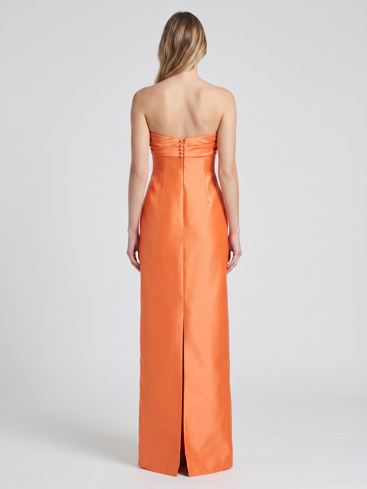 Orange Satin Sheath Straight Neck Backless Floor-Length Bridesmaid Dress with Pleats