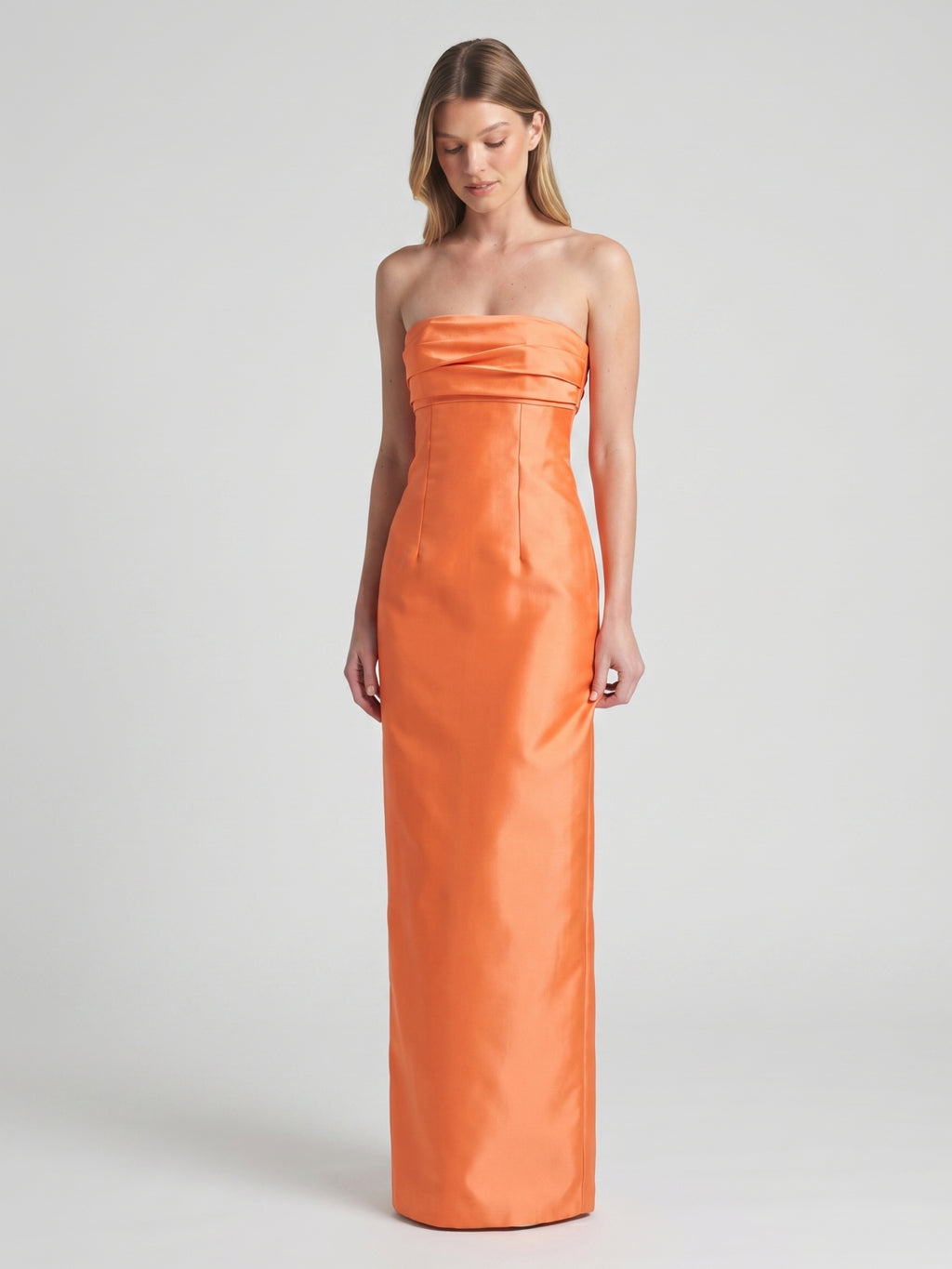 Orange Satin Sheath Straight Neck Backless Floor-Length Bridesmaid Dress with Pleats