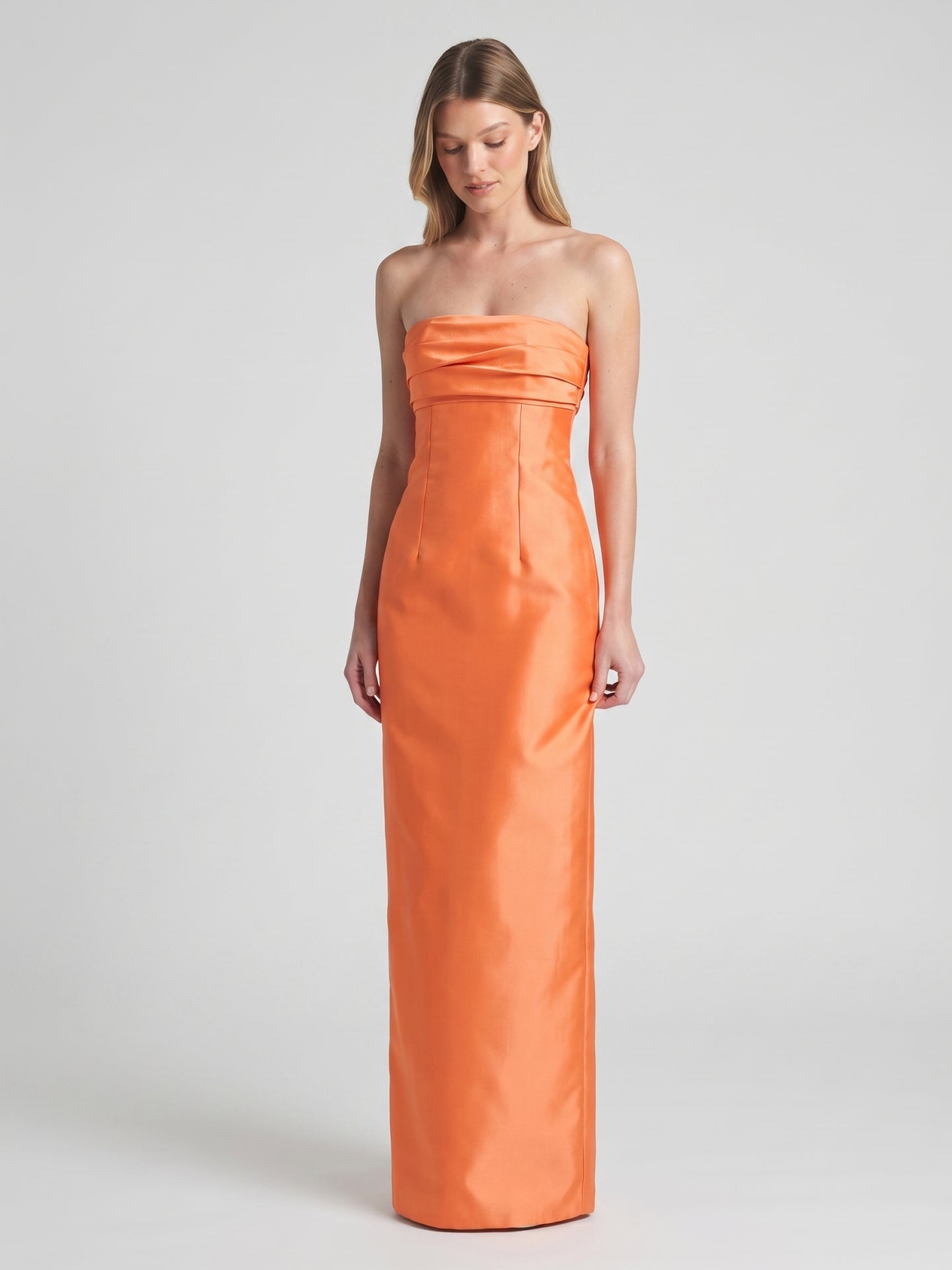 Orange Satin Sheath Straight Neck Backless Floor-Length Bridesmaid Dress with Pleats