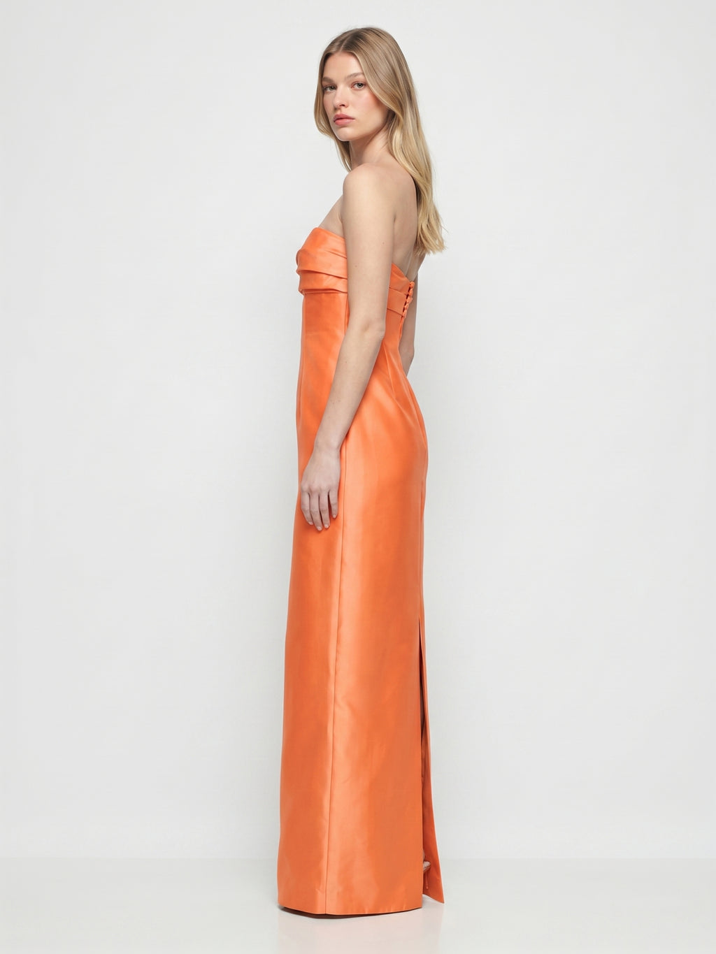 Orange Satin Sheath Straight Neck Backless Floor-Length Bridesmaid Dress with Pleats