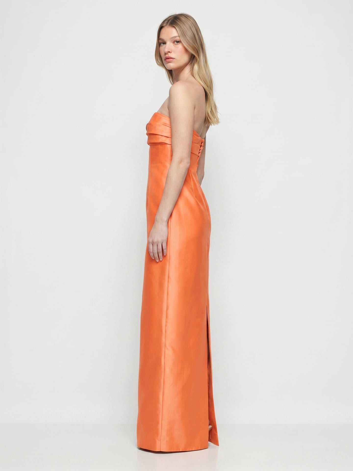 Orange Satin Sheath Straight Neck Backless Floor-Length Bridesmaid Dress with Pleats