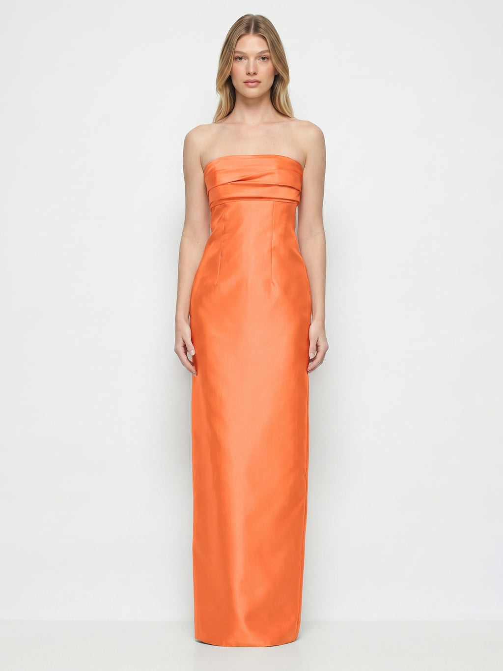 Orange Satin Sheath Straight Neck Backless Floor-Length Bridesmaid Dress with Pleats