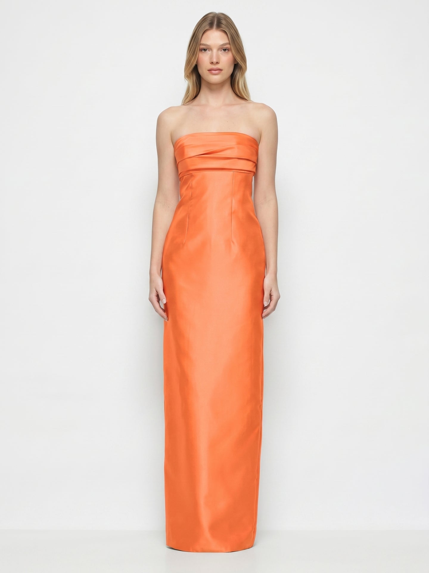 Orange Satin Sheath Straight Neck Backless Floor-Length Bridesmaid Dress with Pleats