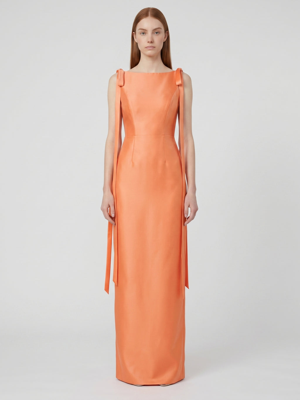 Orange Satin Sheath Straight Neck V-Back Floor-Length Bridesmaid Dress with Bow