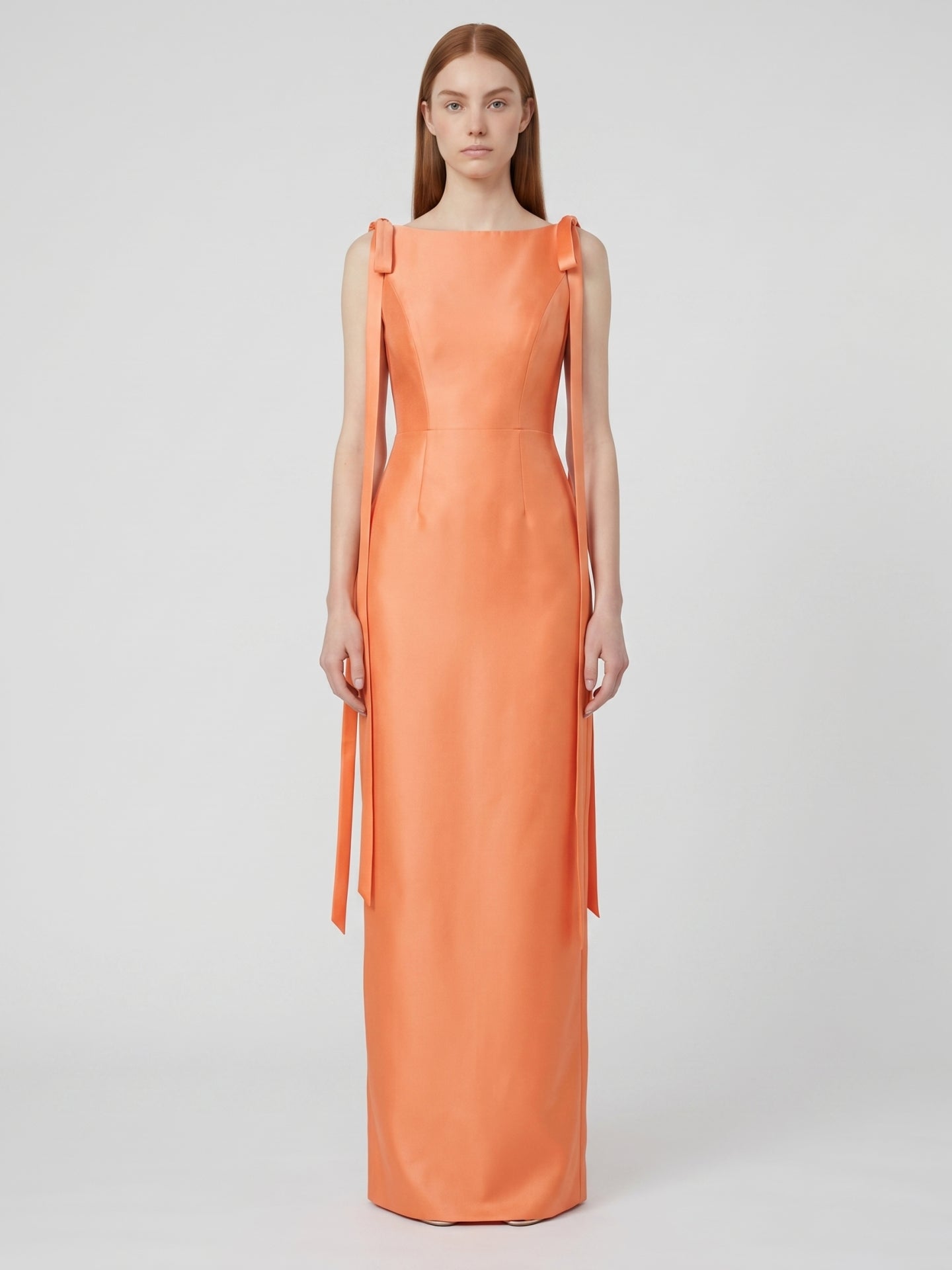 Orange Satin Sheath Straight Neck V-Back Floor-Length Bridesmaid Dress with Bow