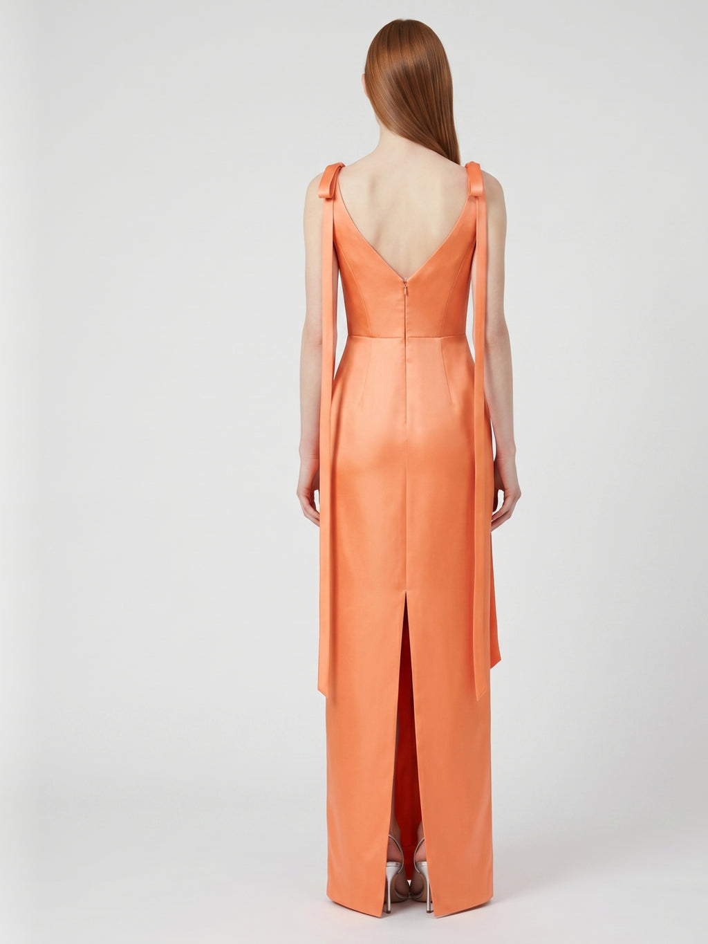 Orange Satin Sheath Straight Neck V-Back Floor-Length Bridesmaid Dress with Bow
