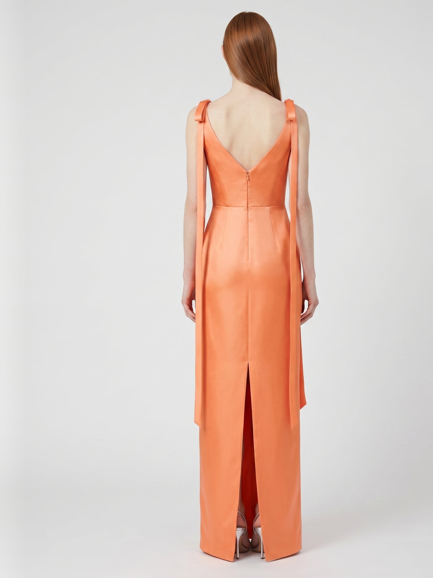 Orange Satin Sheath Straight Neck V-Back Floor-Length Bridesmaid Dress with Bow