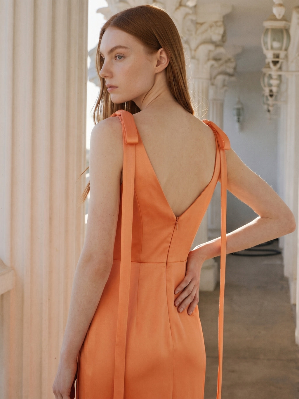 Orange Satin Sheath Straight Neck V-Back Floor-Length Bridesmaid Dress with Bow