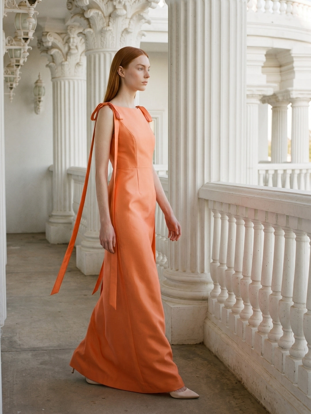 Orange Satin Sheath Straight Neck V-Back Floor-Length Bridesmaid Dress with Bow