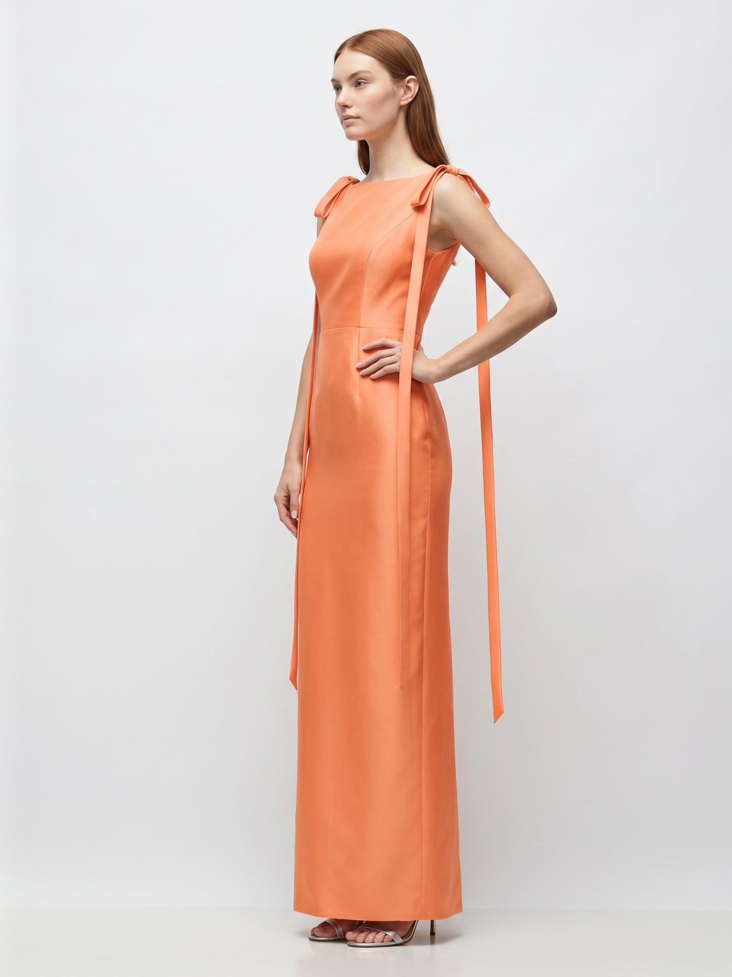 Orange Satin Sheath Straight Neck V-Back Floor-Length Bridesmaid Dress with Bow