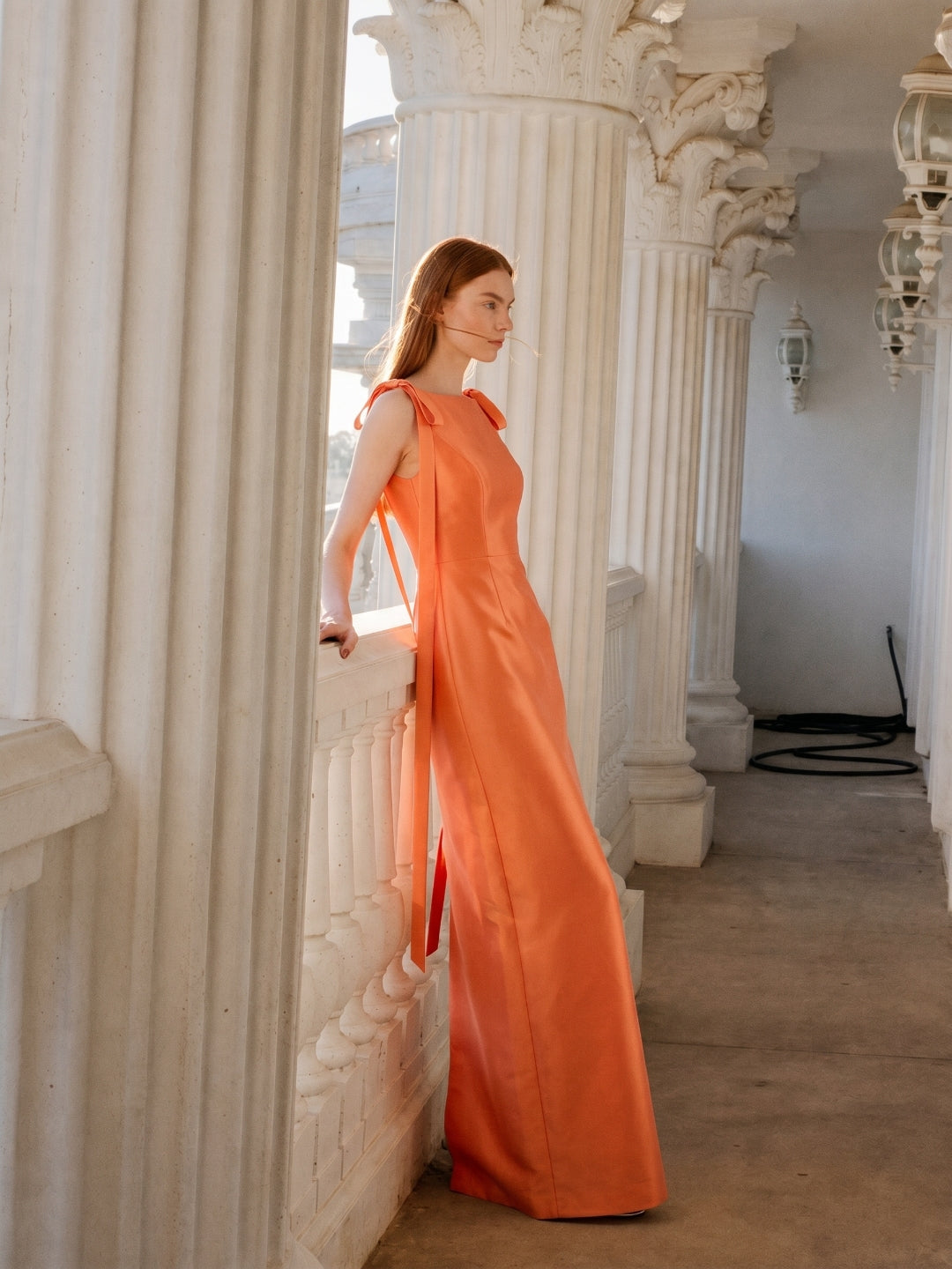 Orange Satin Sheath Straight Neck V-Back Floor-Length Bridesmaid Dress with Bow