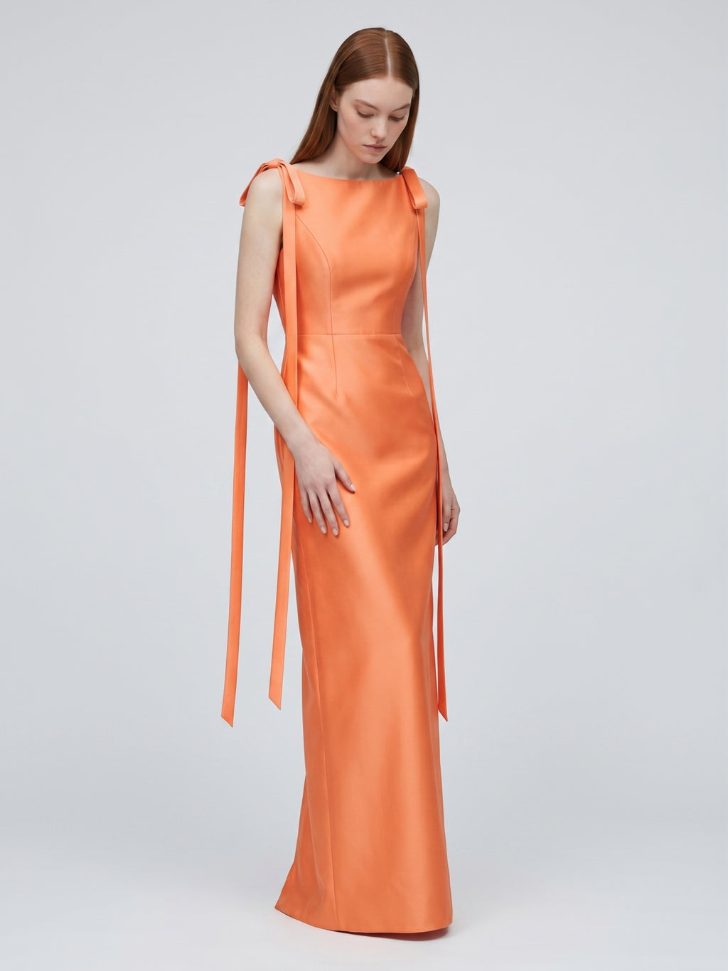 Orange Satin Sheath Straight Neck V-Back Floor-Length Bridesmaid Dress with Bow