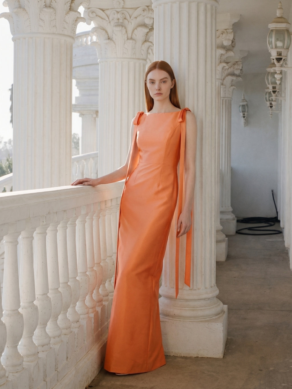 Orange Satin Sheath Straight Neck V-Back Floor-Length Bridesmaid Dress with Bow