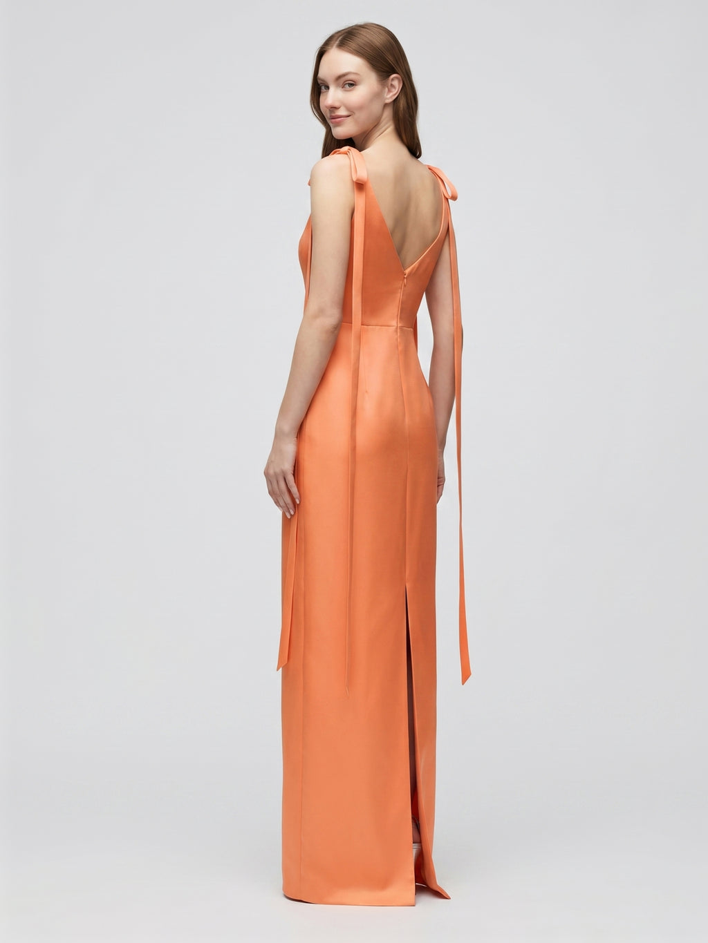 Orange Satin Sheath Straight Neck V-Back Floor-Length Bridesmaid Dress with Bow