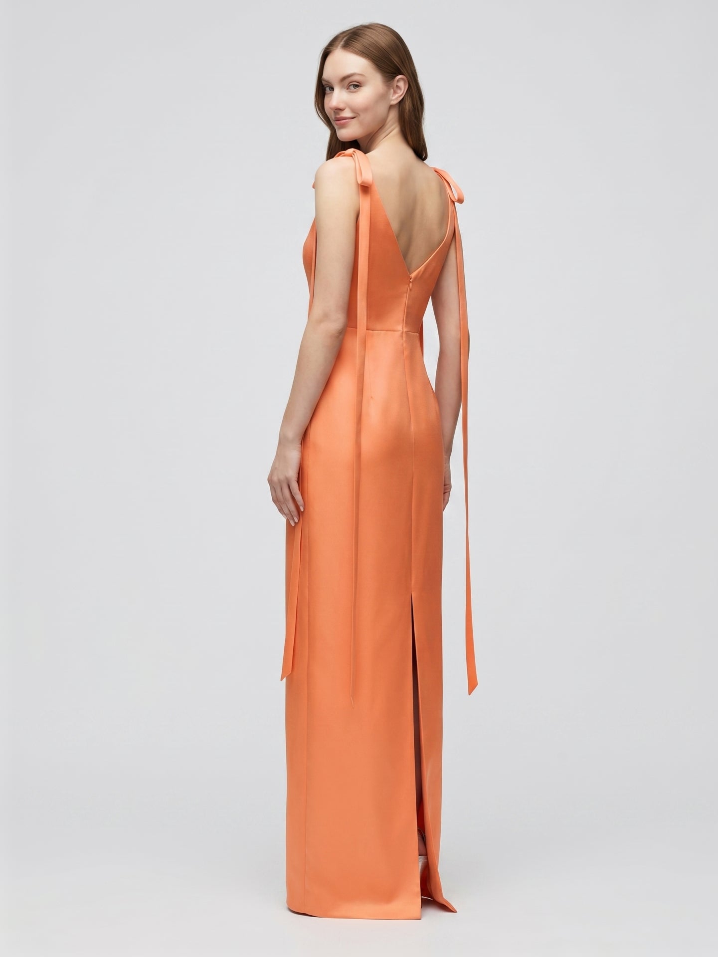 Orange Satin Sheath Straight Neck V-Back Floor-Length Bridesmaid Dress with Bow