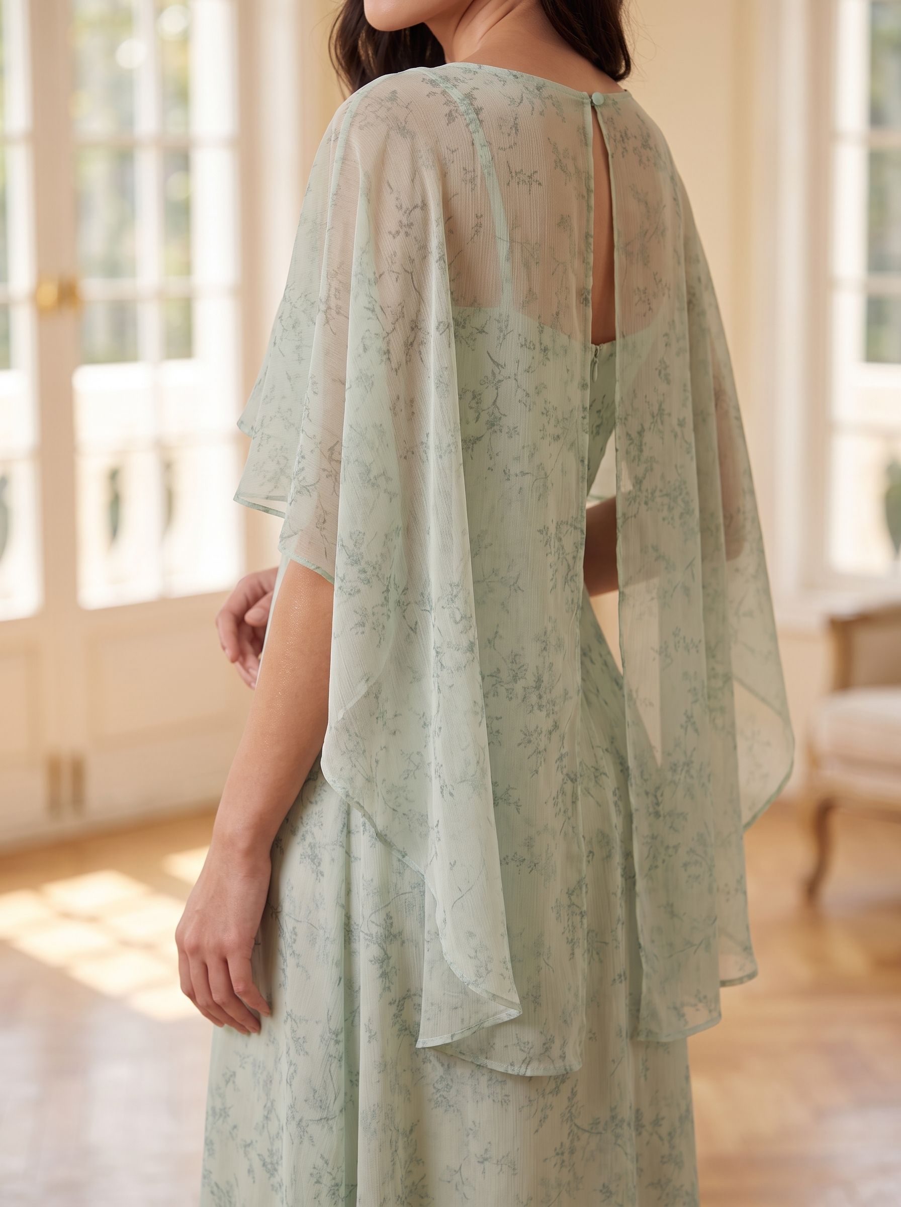 Dusty Sage Chiffon A-Line V-Neck Back Zip Floor-Length Dress with Cape