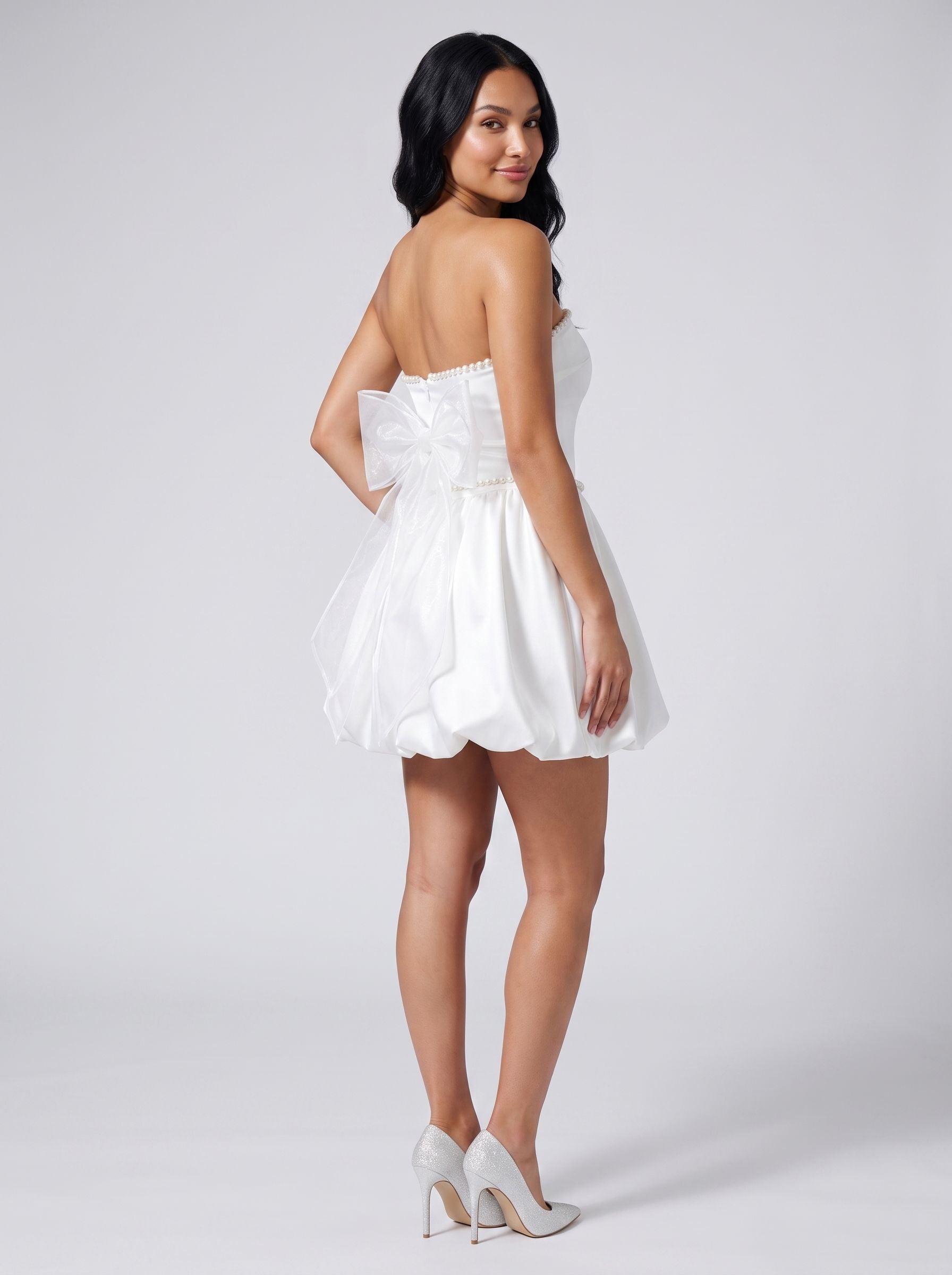 White Satin A-Line Straight Neck Back Zip Short Dress with Pearl Trim