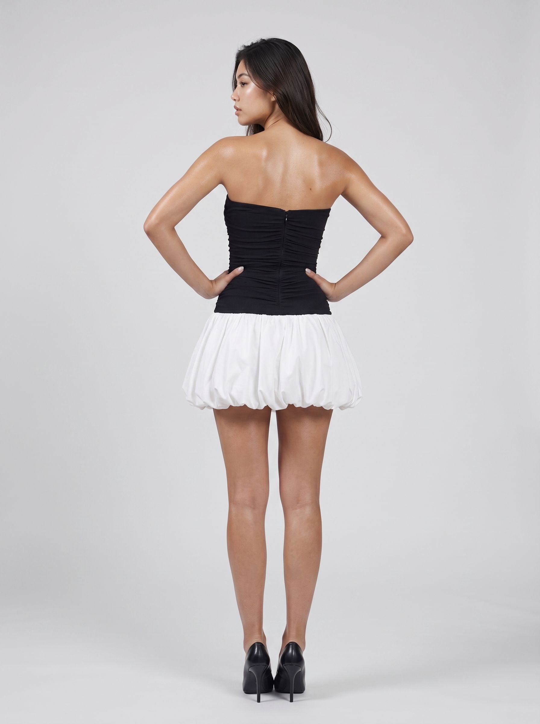 Black Stretch Knit A-Line Straight Neck Back Zip Short Dress with Bubble Hem