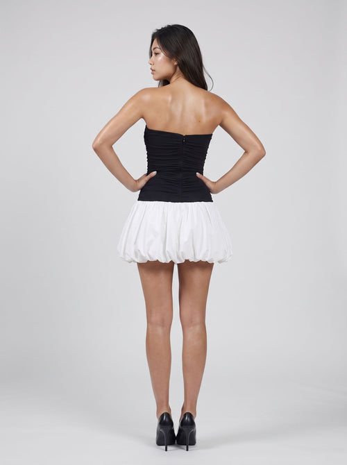 Black Stretch Knit A-Line Straight Neck Back Zip Short Dress with Bubble Hem