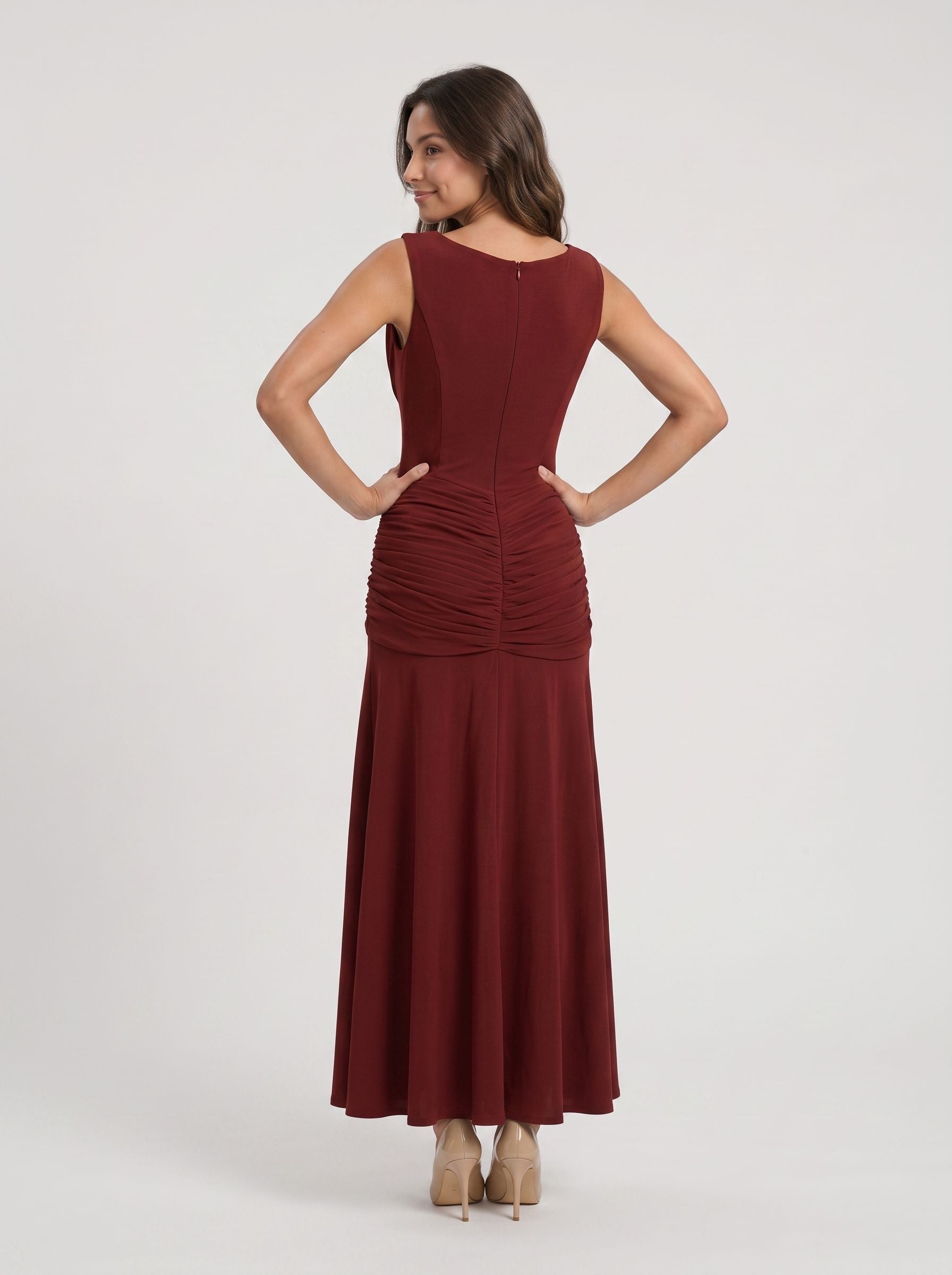 Burgundy Stretch Knit Sheath Scoop Neck Asymmetrical Prom Dress with Back Zip