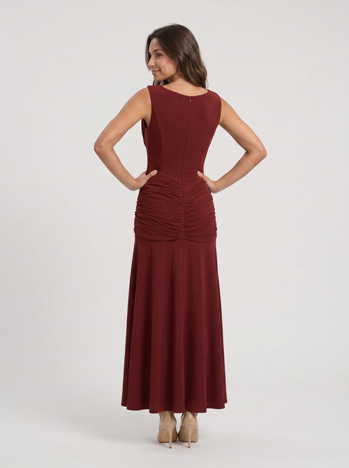 Burgundy Stretch Knit Sheath Scoop Neck Asymmetrical Prom Dress with Back Zip
