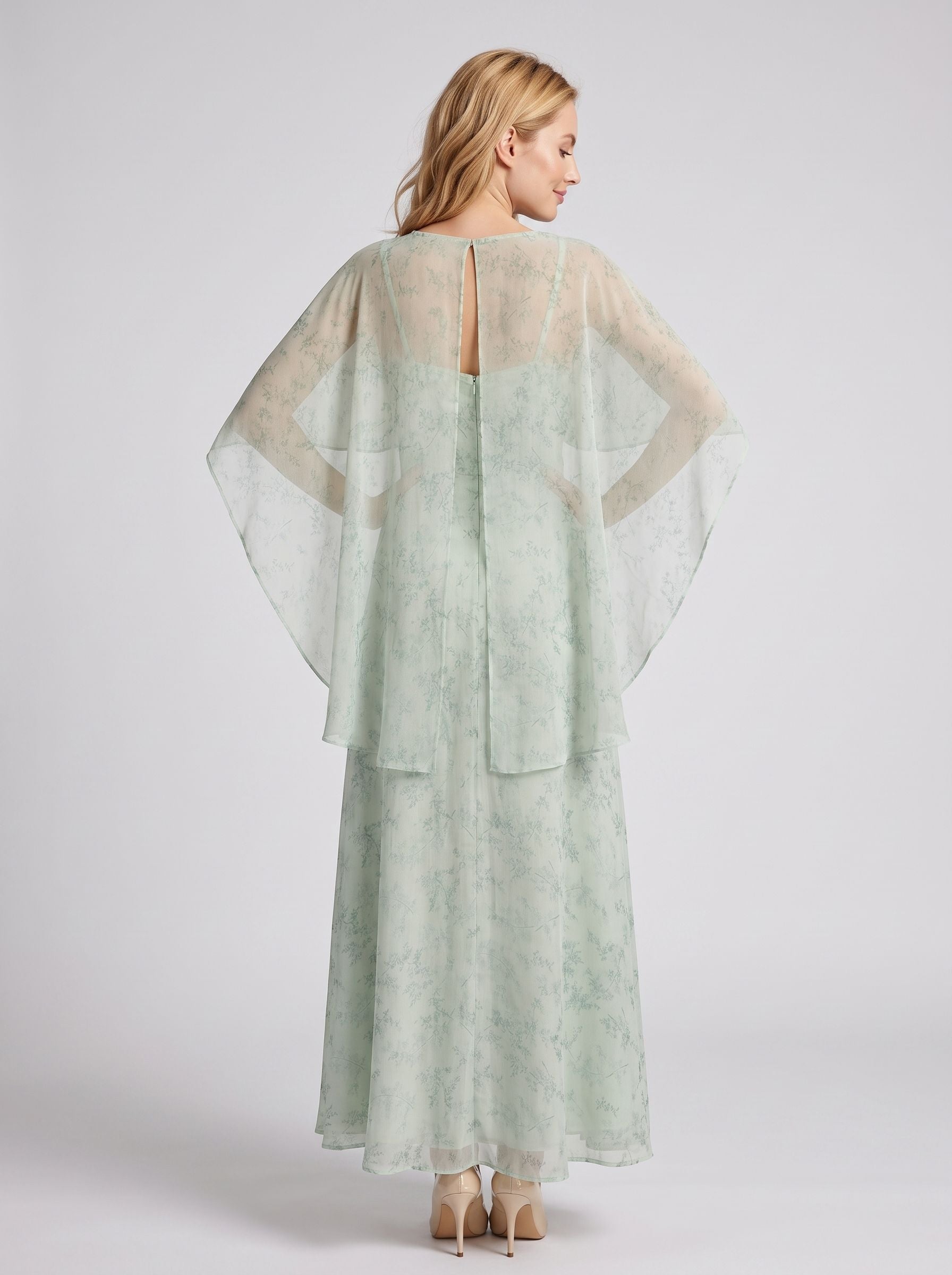 Dusty Sage Chiffon A-Line V-Neck Back Zip Floor-Length Dress with Cape