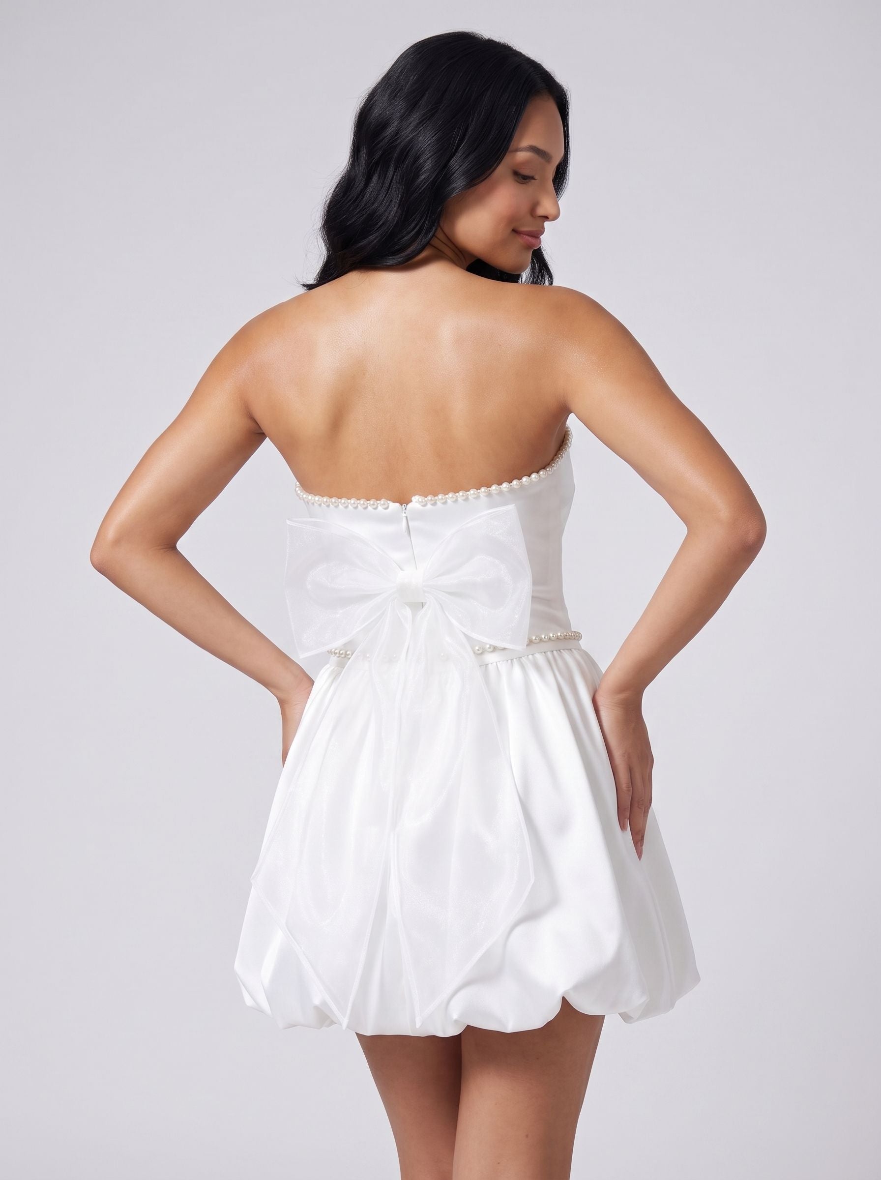 White Satin A-Line Straight Neck Back Zip Short Dress with Pearl Trim